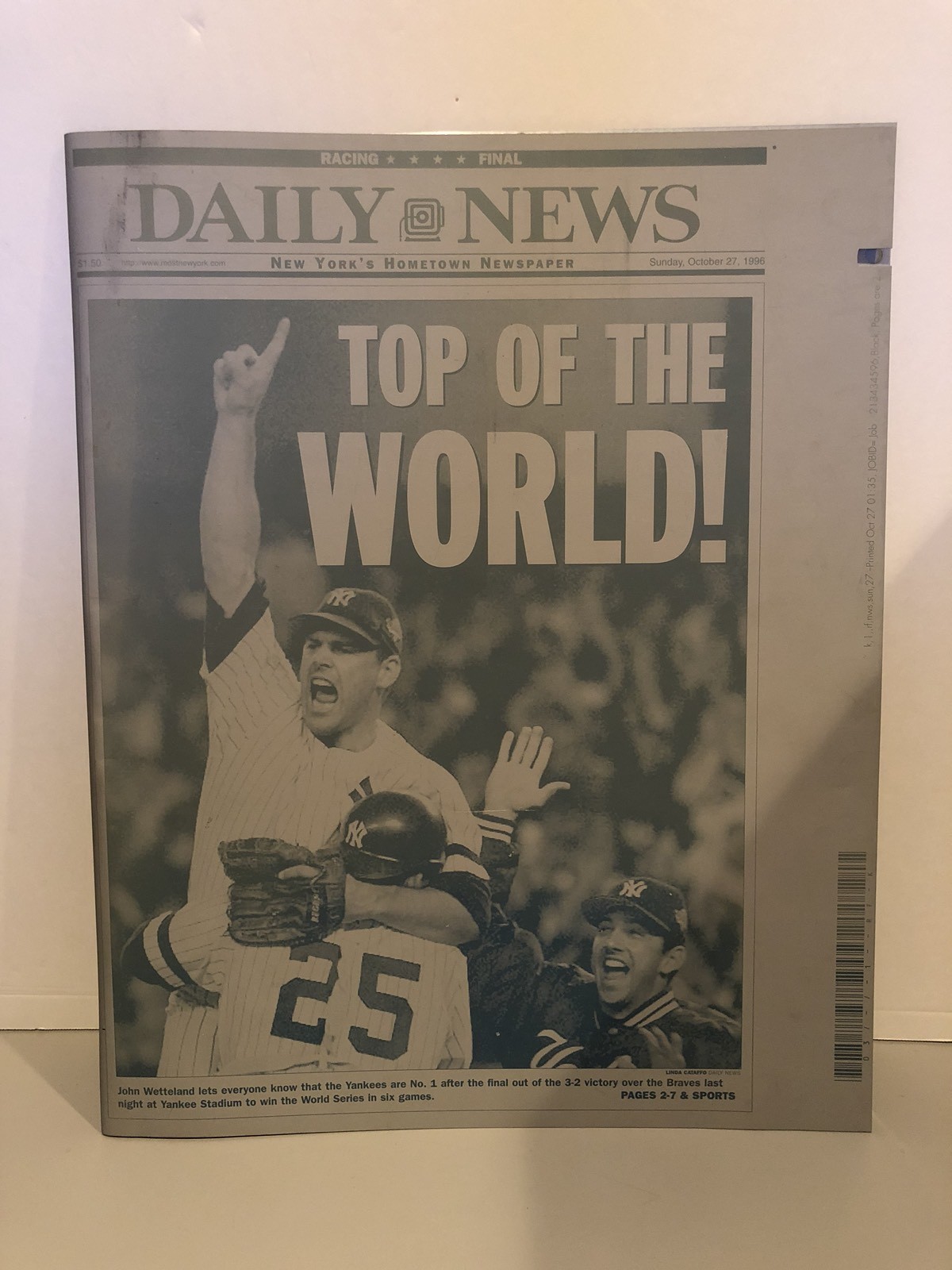NEW YORK YANKEES 1996 WORLD SERIES CHAMPIONS DAILY NEWS NEWSPAPER PRINTING PLATE