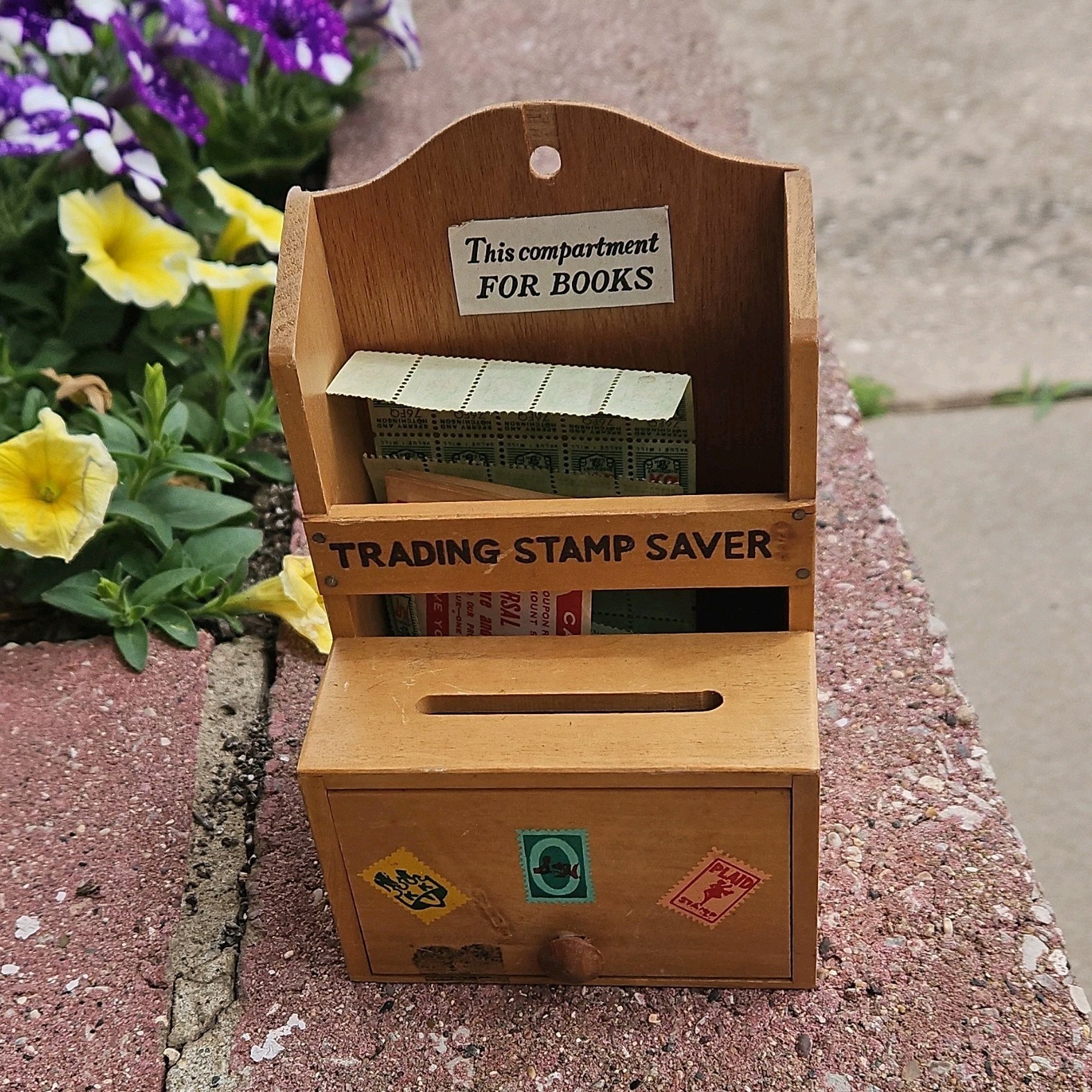 Vintage 1900-1919 Brown Wooden Trading Stamp Storage Box w/ Drawer, Rectangle