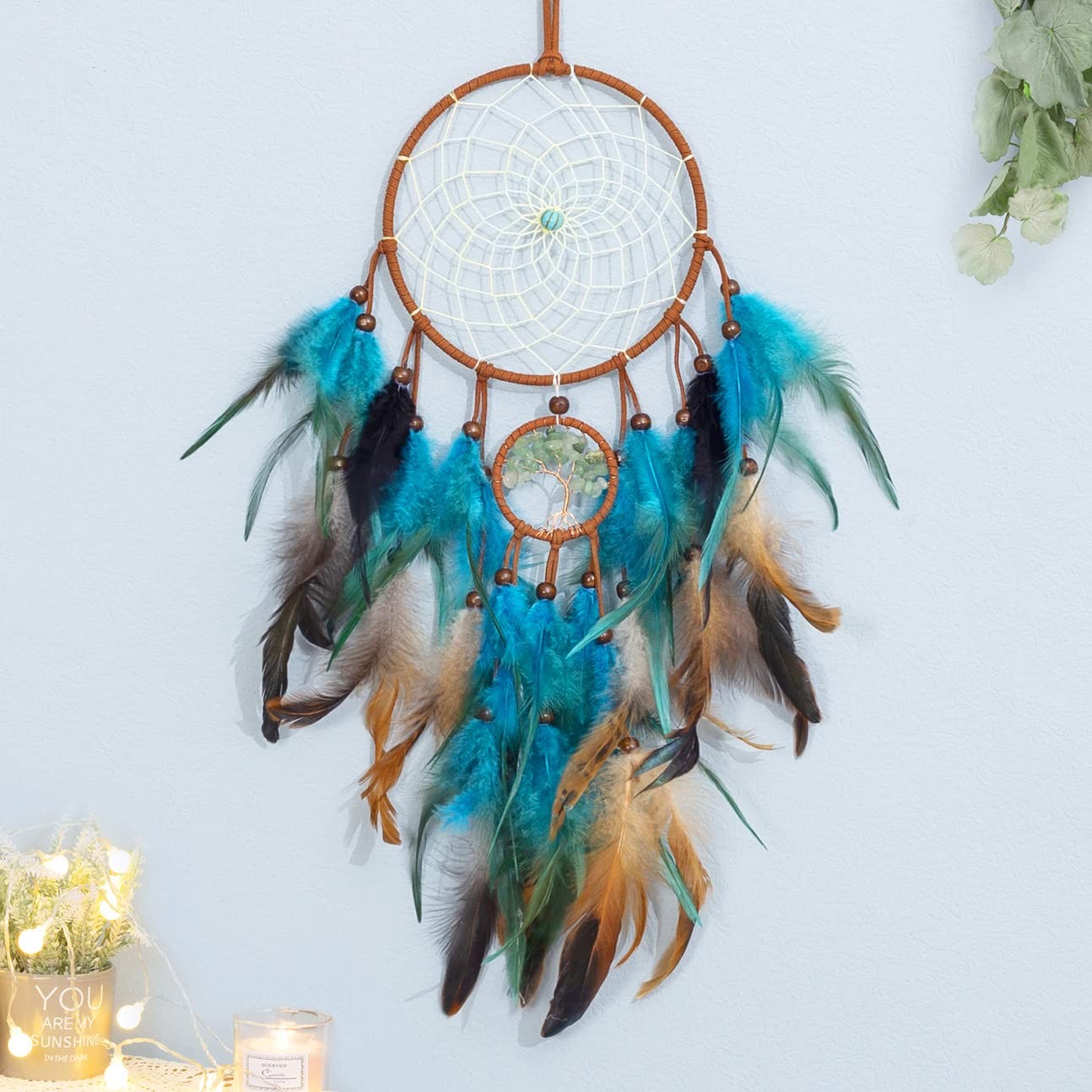 Dream Catcher Blue Tree of Life with Feathers, Handmade Indians Traditional C…