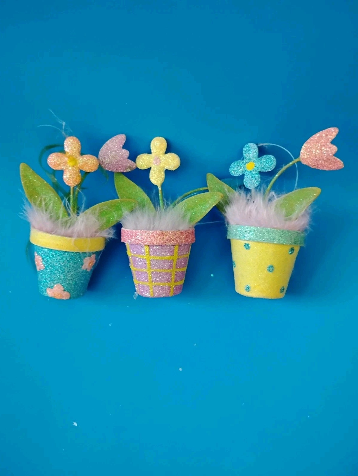 Pier 1 One Small Easter Spring Flowerpot Ornaments Glitter & Feathers Set Of 3