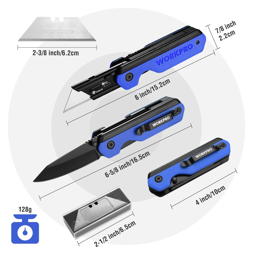 WORKPRO 2-in-1 Folding Utility Knife Pocket Knife Box Cutter Quick-Change Blades