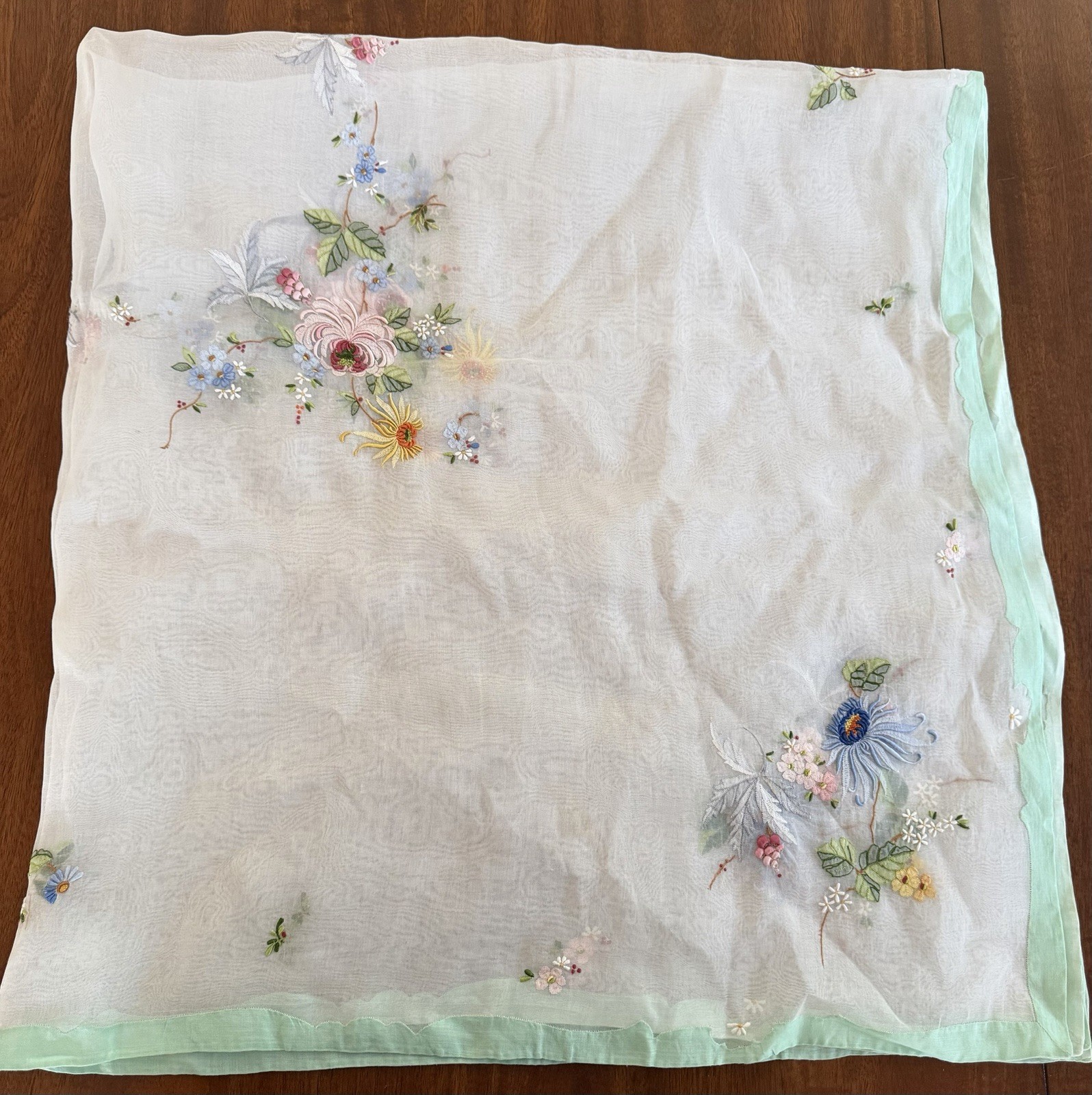 Vintage Madeira Hand Embroidered Organdy Linen Tablecloth 50×50 Floral Pastel