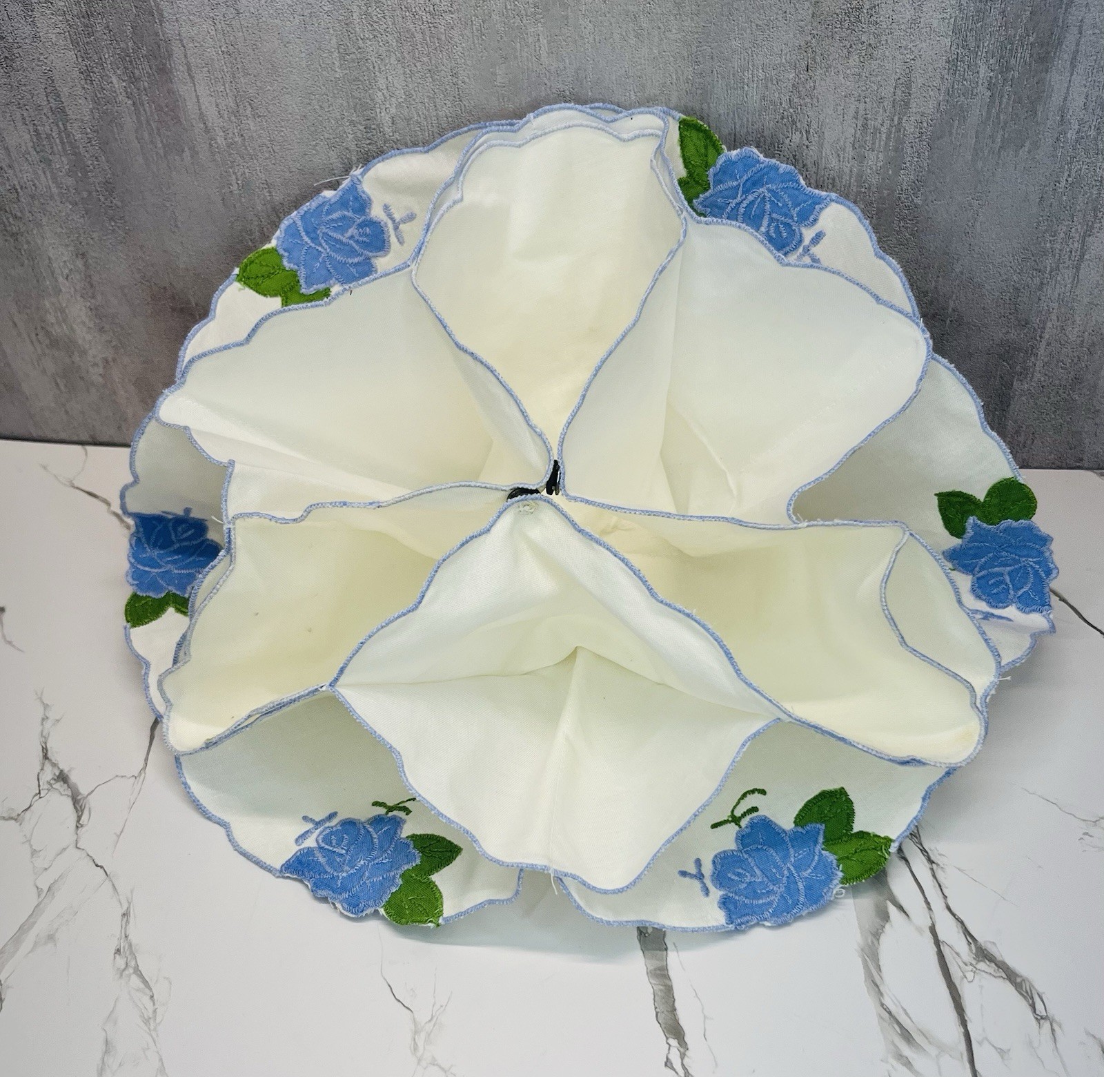 Vintage White Linen Embroidered Blue Roses Basket Liner Rolls Warmer Cozy