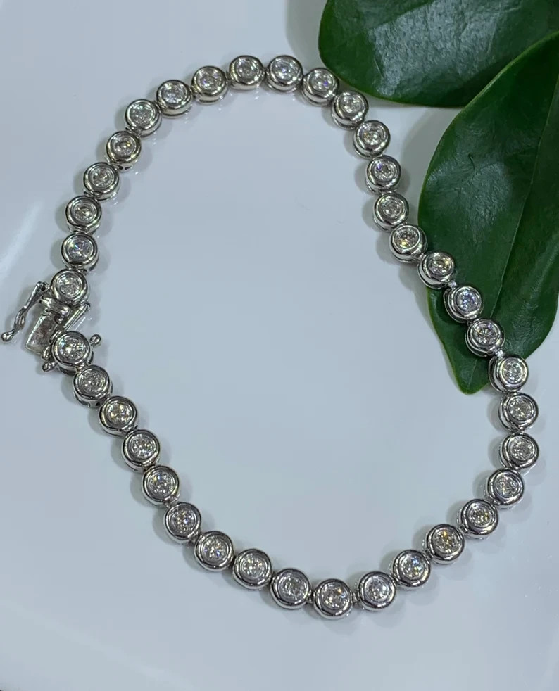 Bezel Set Round Brilliant Cut Diamond Tennis Bracelet 14K White Gold Over 7 In