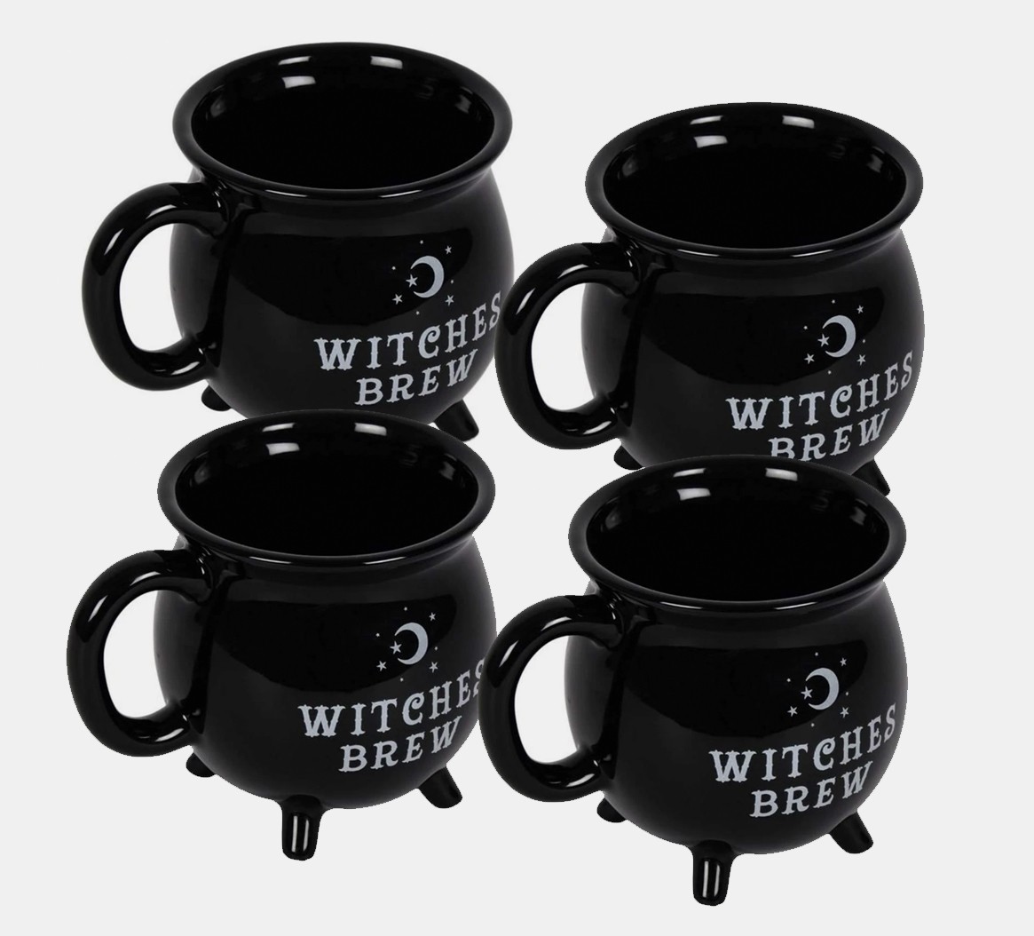 (4) Witches Brew Cauldron Mugs – Black Stoneware Coffee Tea Cup Witchy Gift