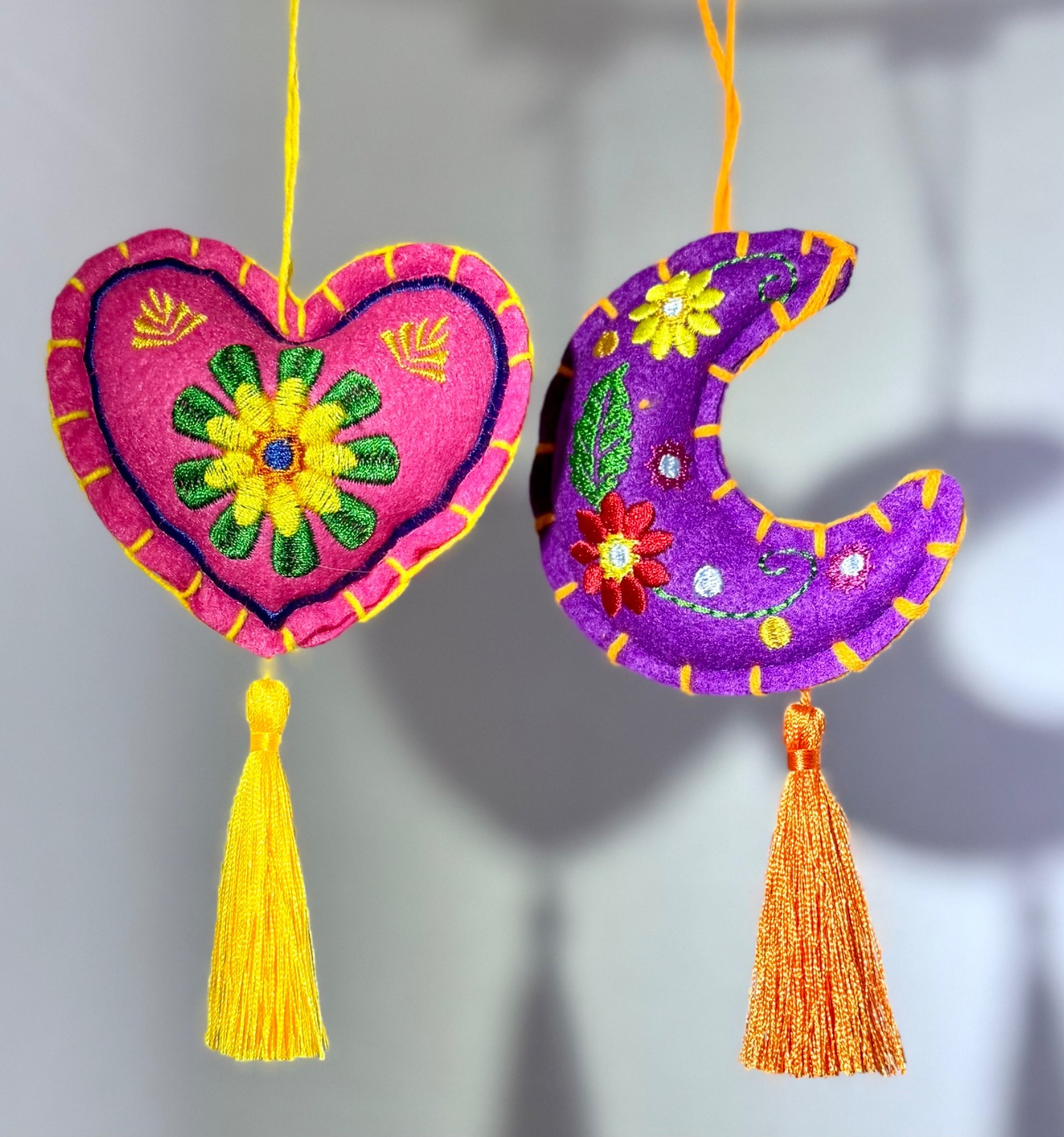Colorful Bohemian Hand Embroidered Felt Ornaments-Pink Heart and Purple Moon