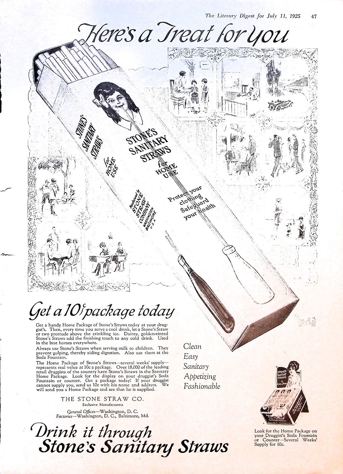 Original 1925 Stone’s Sanitary Straw Ad: Drink it through, 10 cents, health