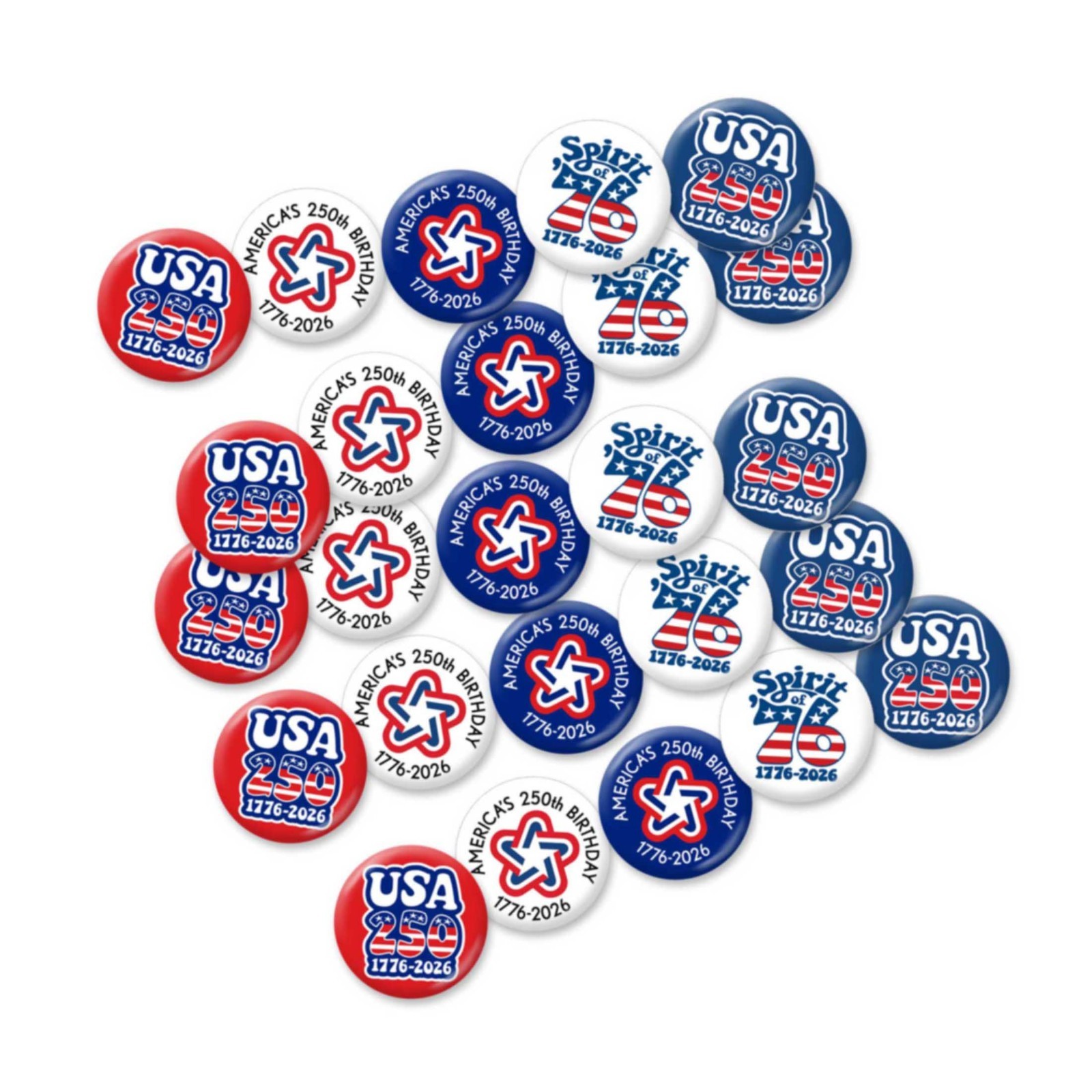 25-pack Buttons 1.5″ America, Semiquincentennial, 250 Freedom USA Assorted