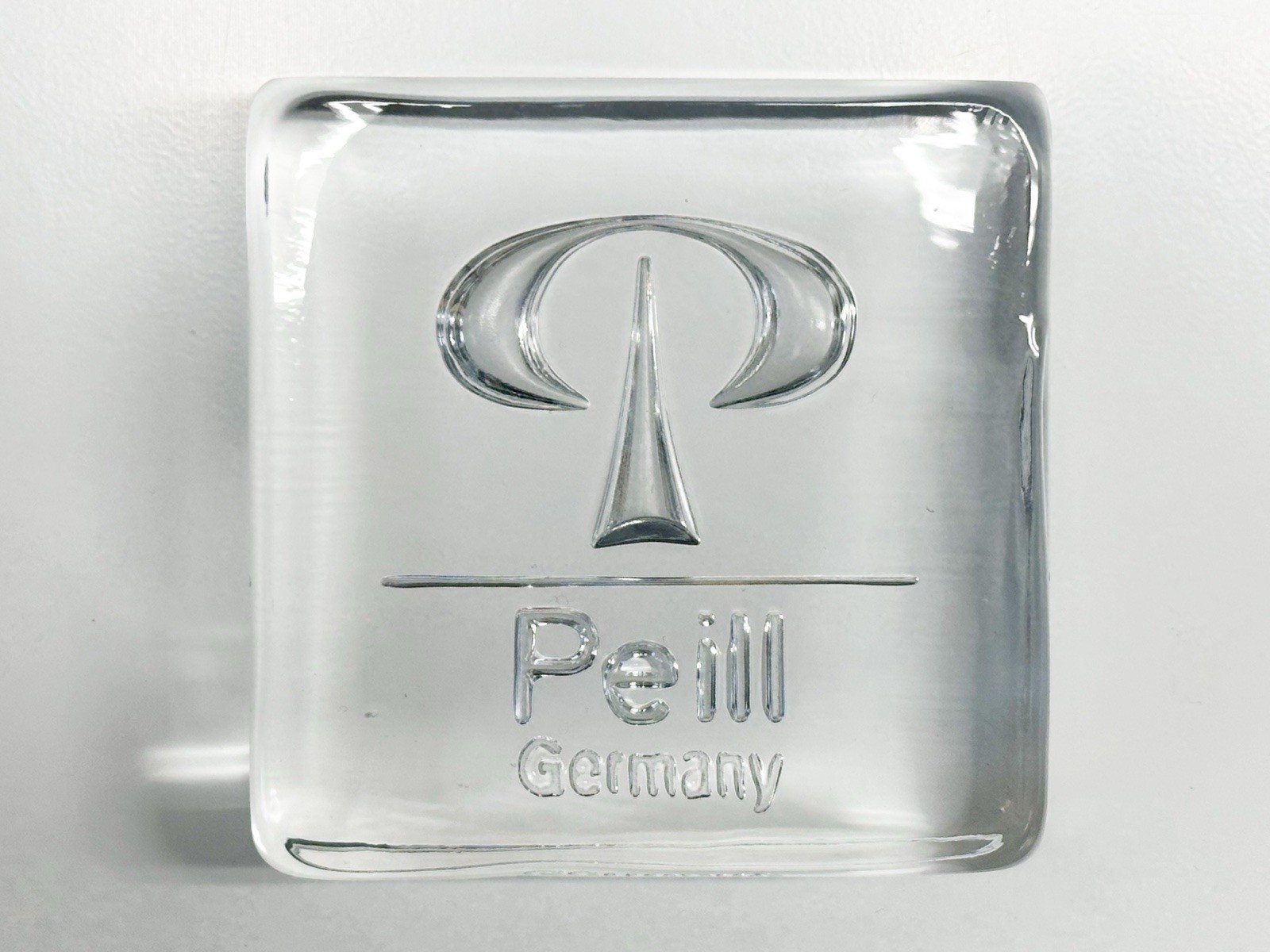 Vintage Peill Putzler Solid Crystal Etched Advertising Paperweight Employee