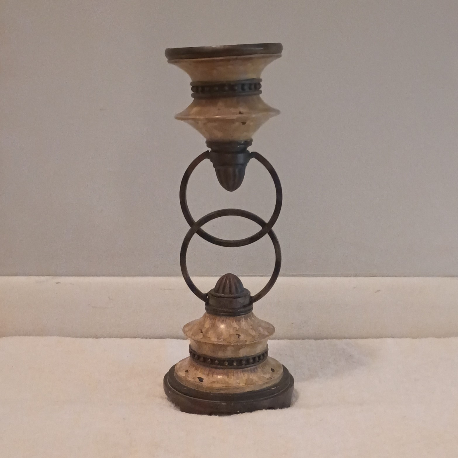 Metal Pillar Candle Holder, Brown/Black Textured Round Ring Detail, Indoor