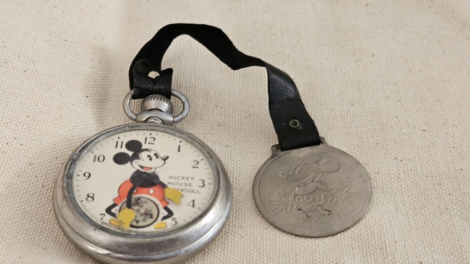 1933 working Disney Ingersoll Mickey Mouse Pocket Watch with Fob
