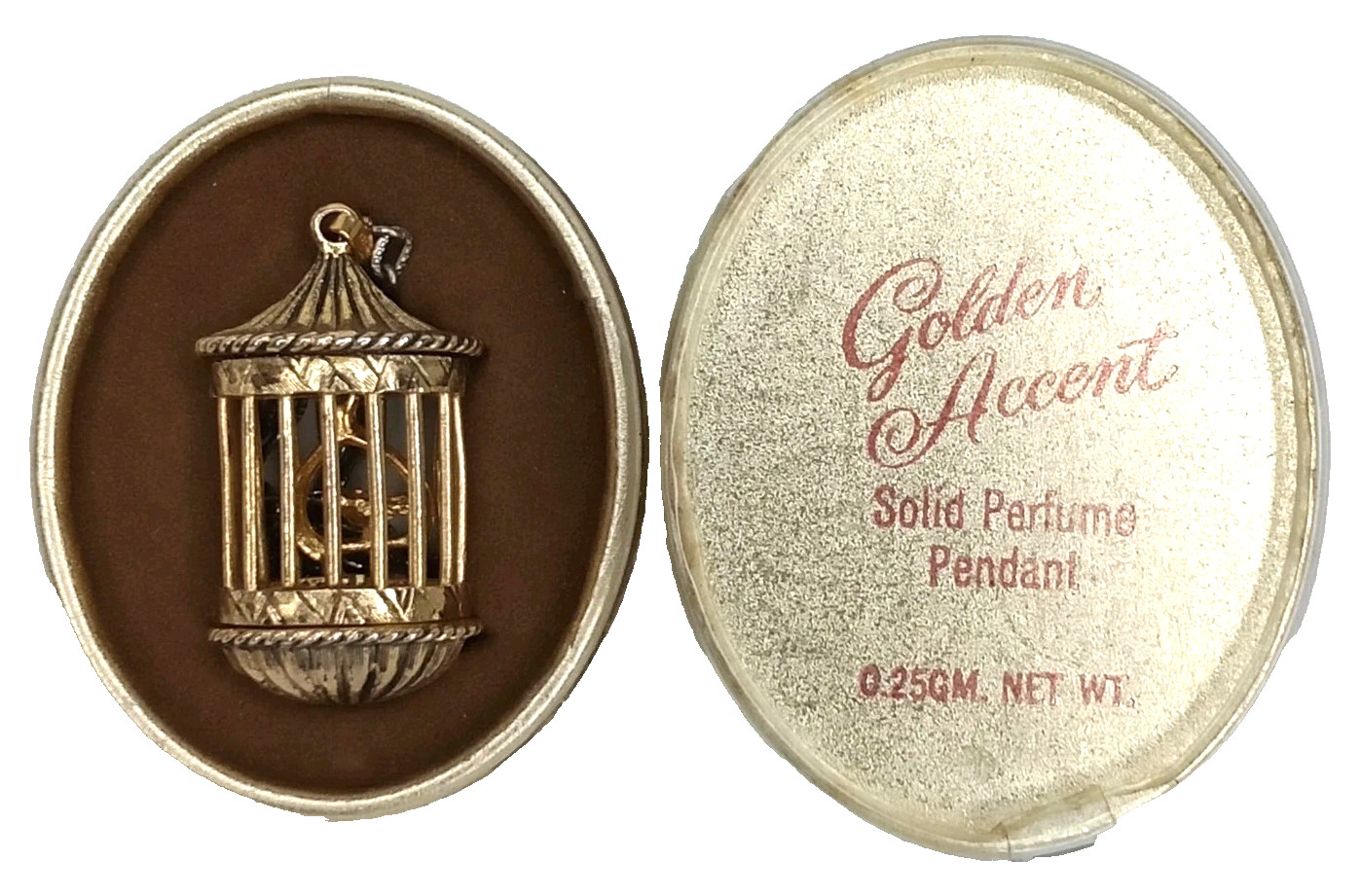 Mid Century 1960s Fuller Brush Co Golden Accent Solid Perfume Pendant With Box