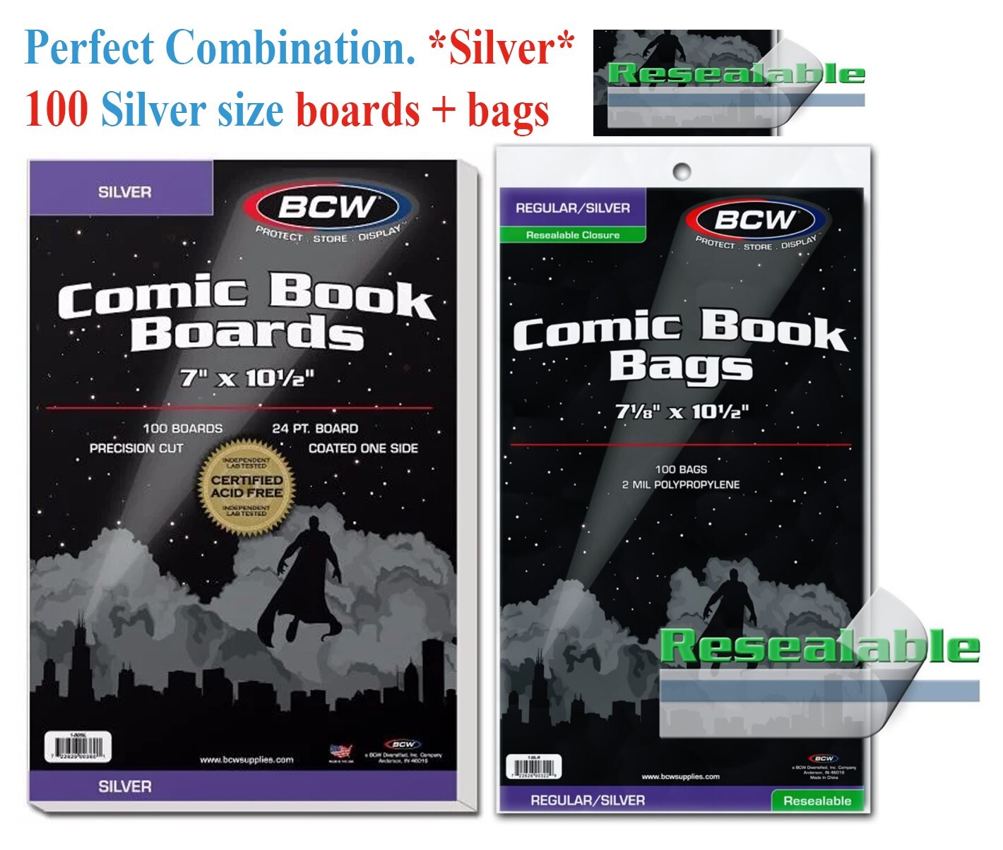 100 BCW Silver Era Comic Book RESEALABLE Bags Sleeves + Back Boards 7 x 10 1/2″