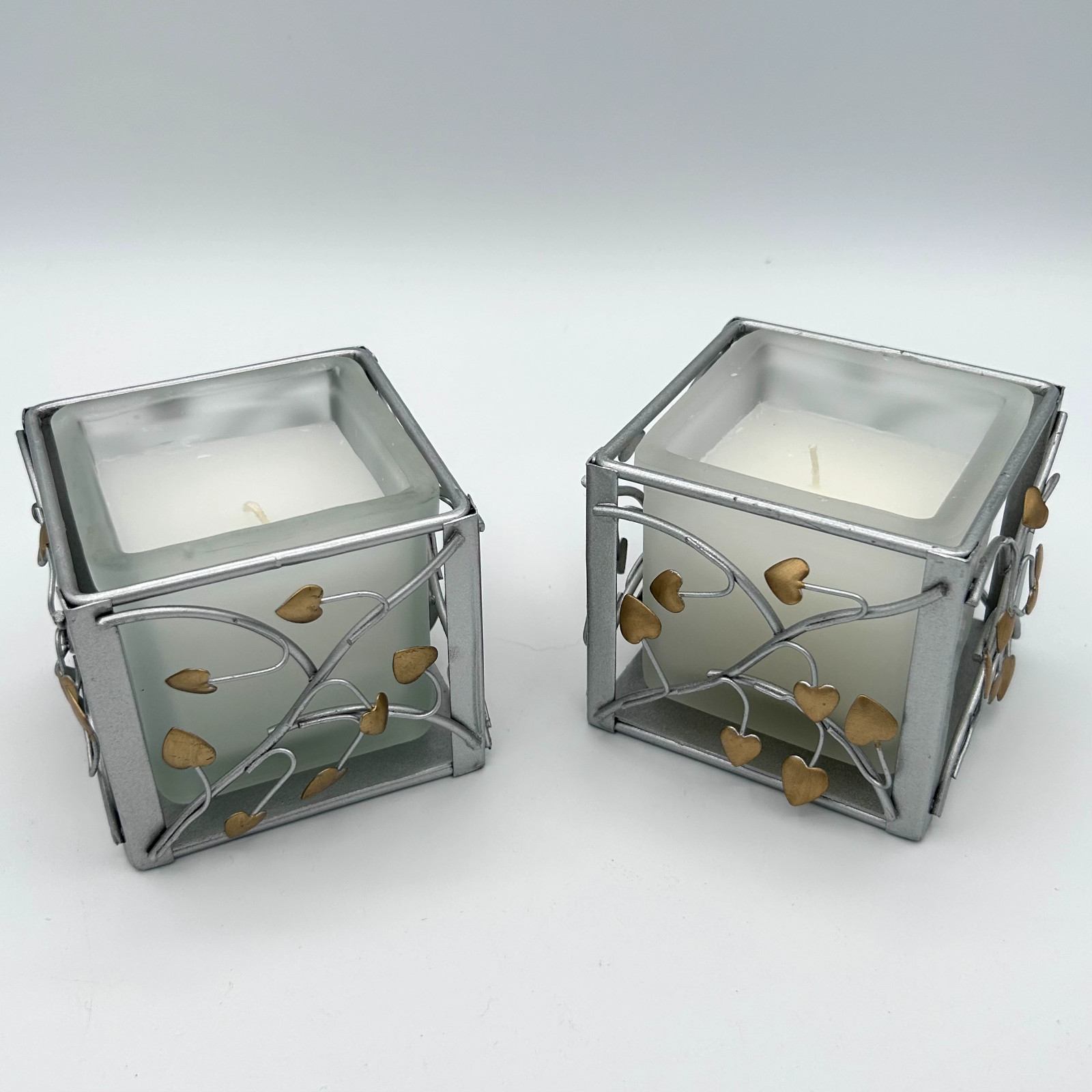 NEW vintage Set of 2 Hallmark Square Metal Candle and Holder Gold Tone Hearts
