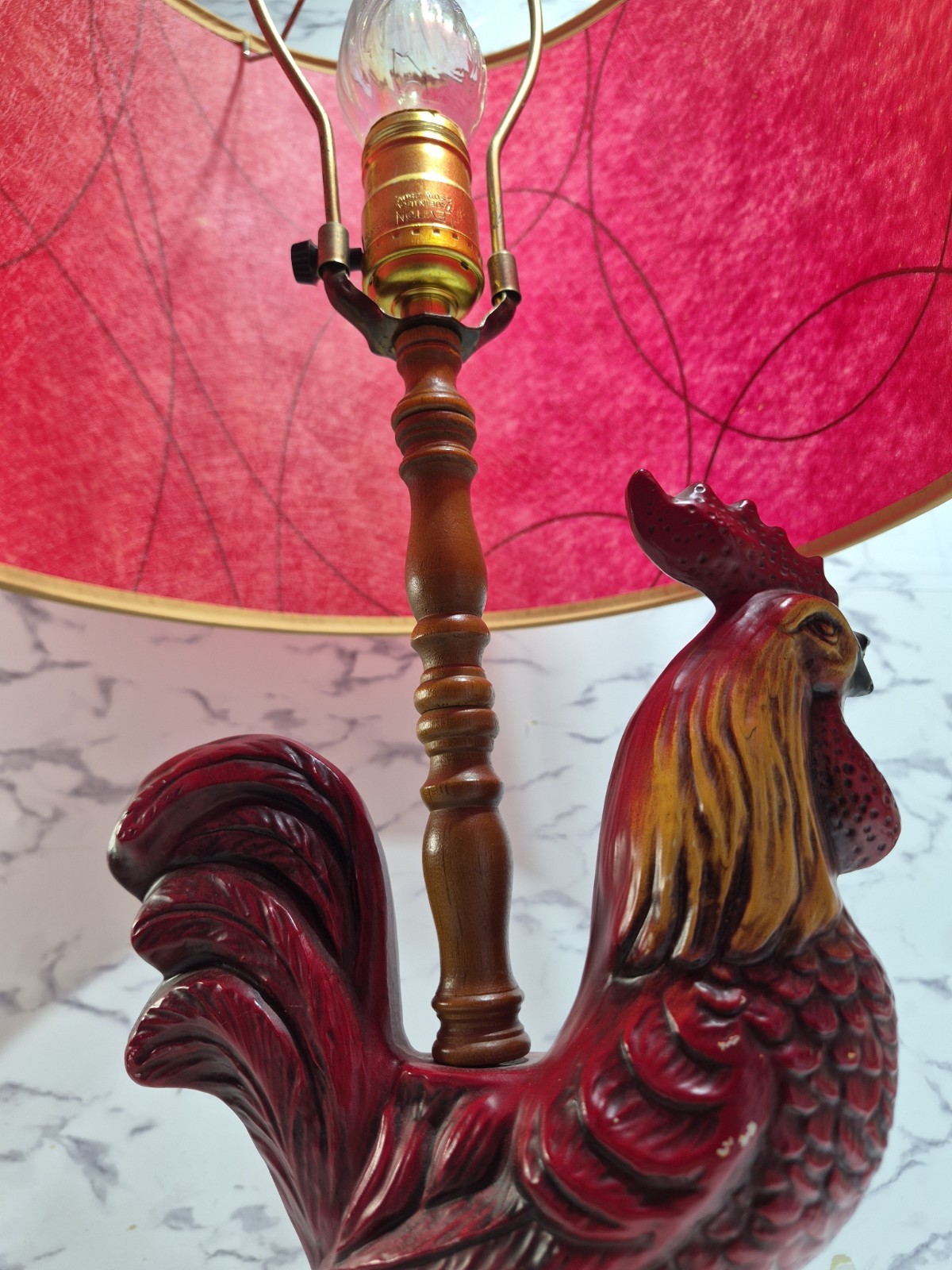 Mcm 1960s Chalkware Rooster Table Lamp Turned Wood Farm Decor