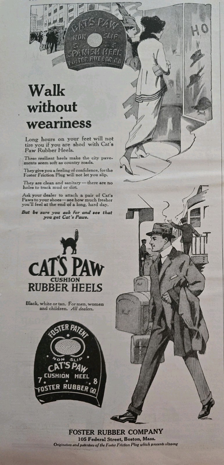 1919 Foster Rubber Company Cat’s Paws Cushion Shoe Heels vintage Black Cat Ad