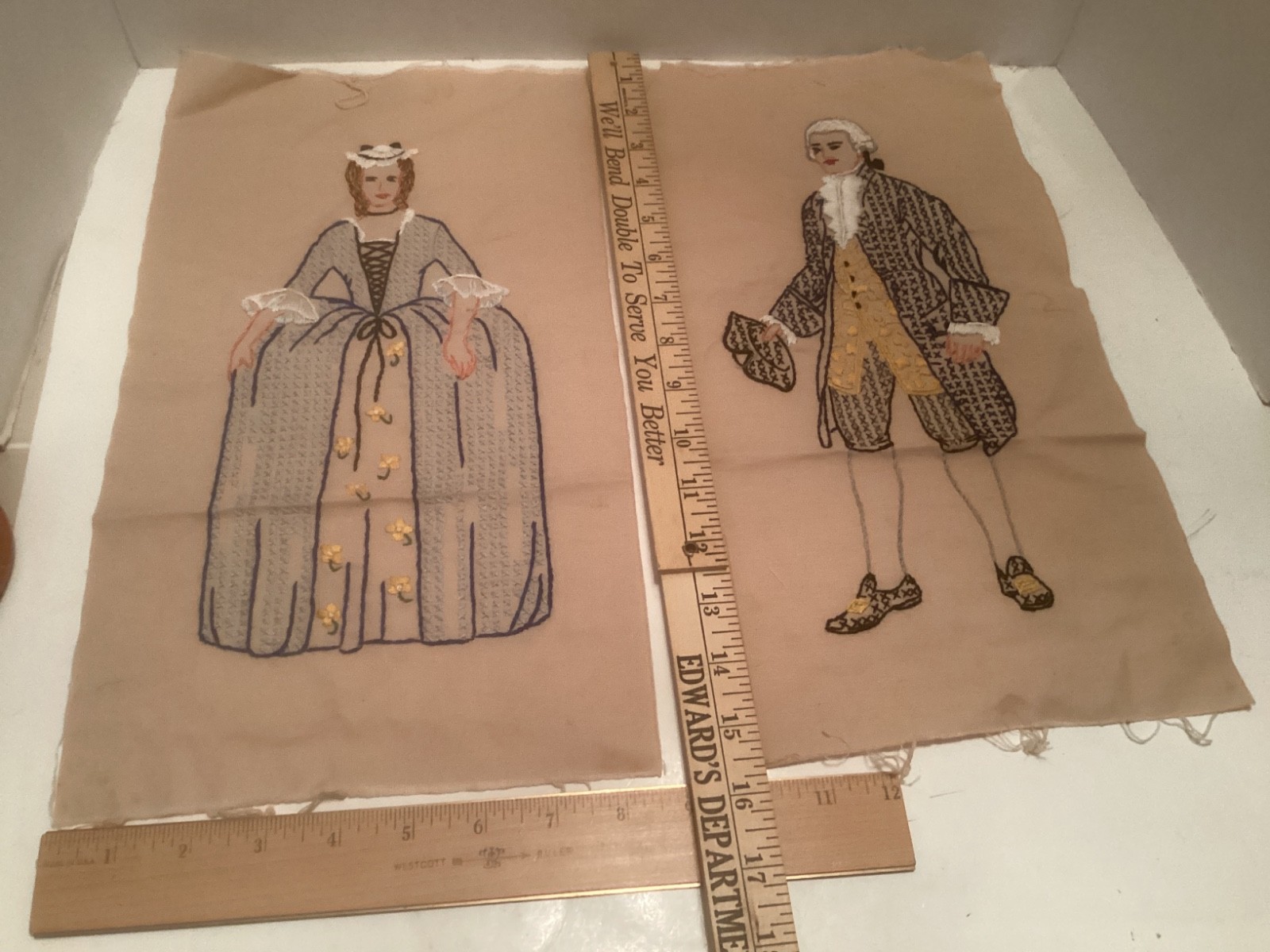 Vtg. Hand Embroidered Fabric Panels Man Woman 18th Century Emsembles