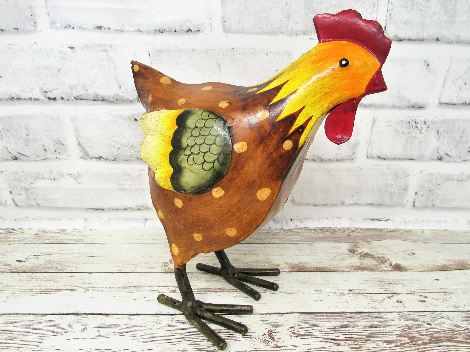Rustic Small Folk Art Style Painted Metal Chicken Hen Rooster Statue Farm Cabin