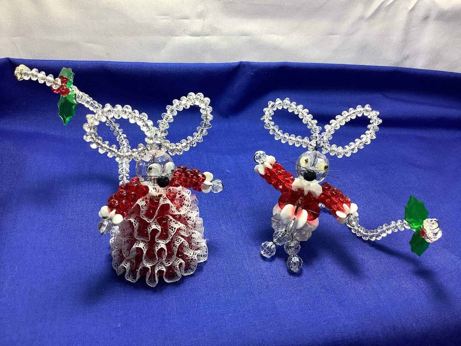 Pair Vintage Beaded Mr. Mrs. Mouse Christmas Ornaments Red & White Holly XX14