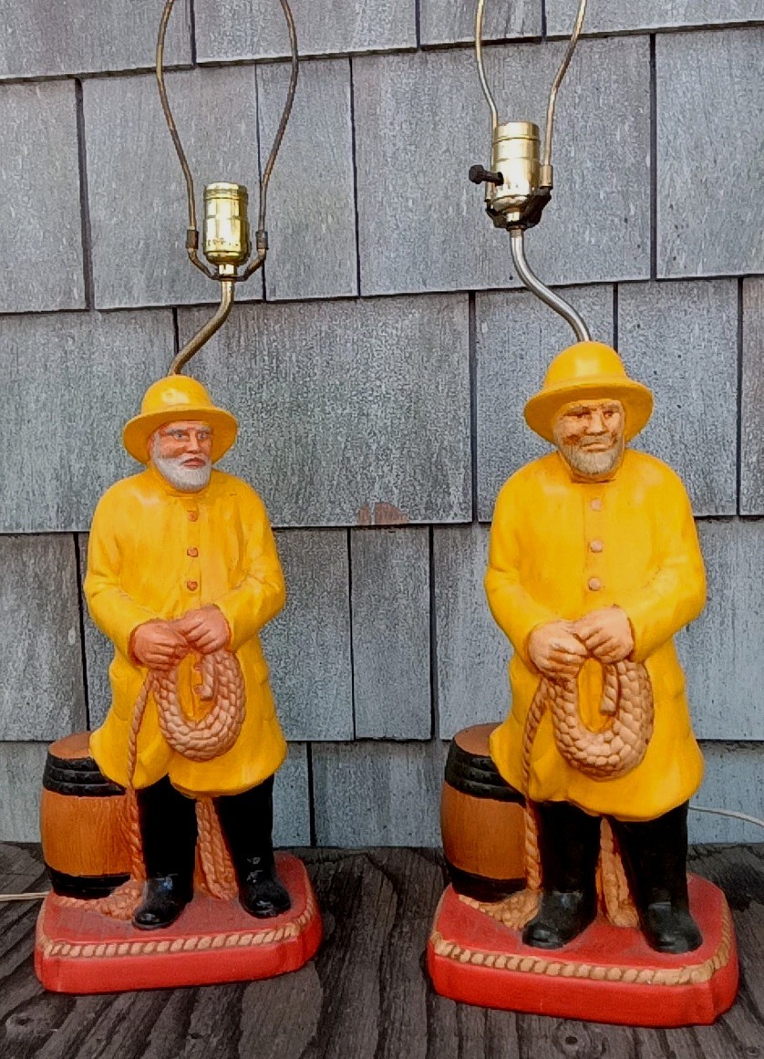 TWO VTG V. RARE MATCHING CHALKWARE Sailors, Longshoreman, Dock Worker 30″ LAMPS