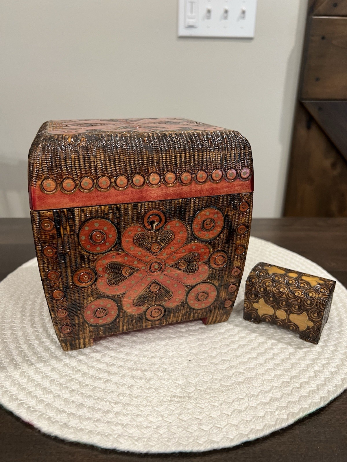 VTG Hand Carved Folk Art Wooden Tramp Art Style Storage Box + Bonus, Poland!