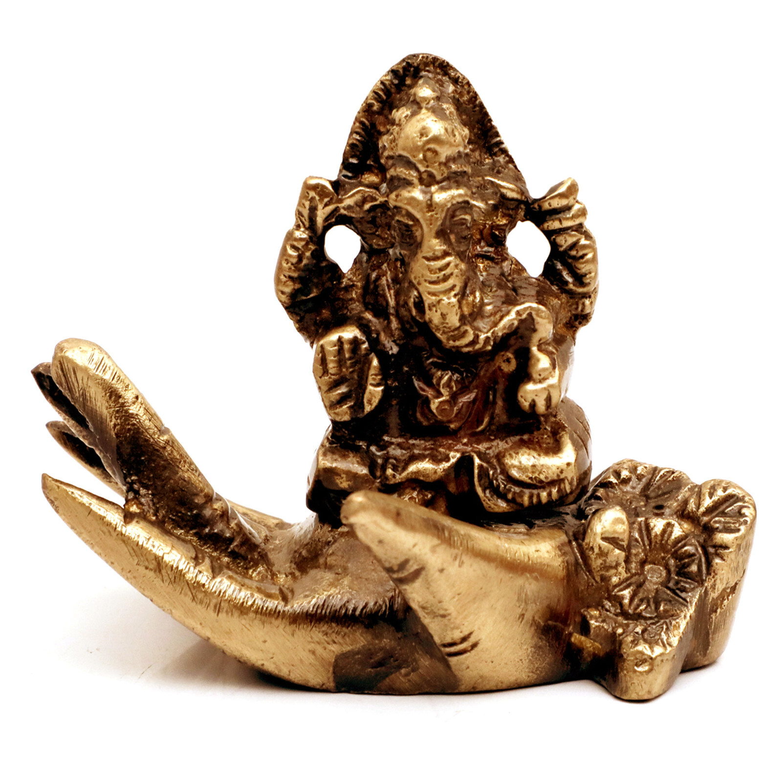 KRAFTSKALA Ganesh Idol on a Palm, Handcrafted Brass Statue, 0.33 LB, 3Lx2H Inch