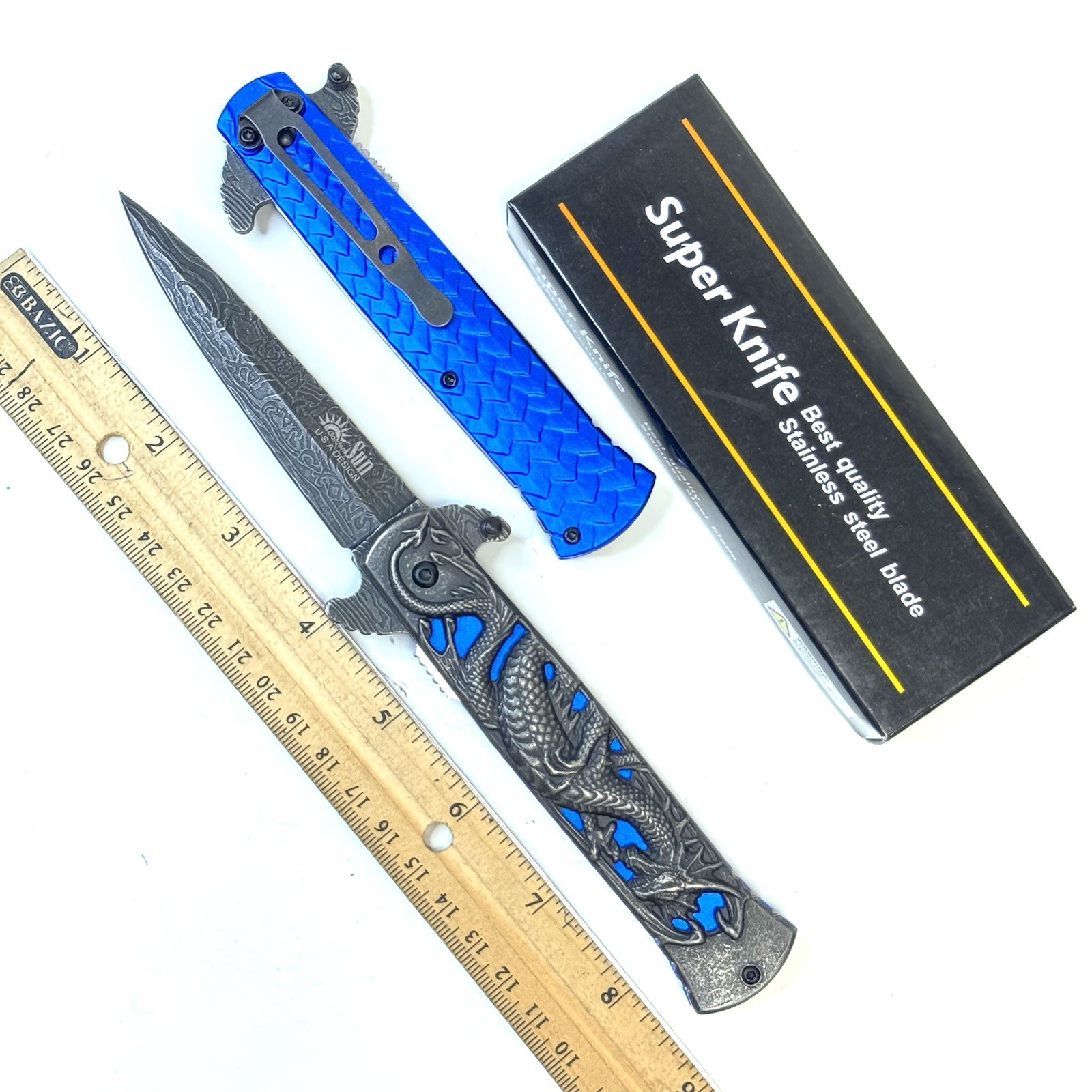 8.75” Blue Gray Dragon Engraved Spring Open Assisted Tactical Folding Knife