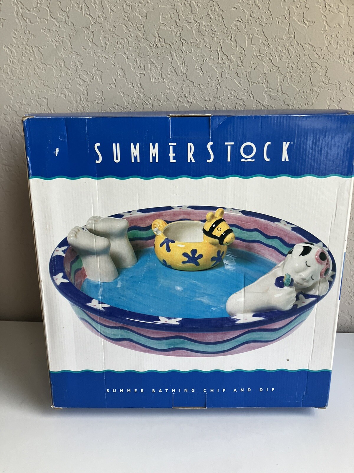 NEW Vintage Summer Stock Swim Chip N Dip Pool Serving Bowl Earthenware Ceramic