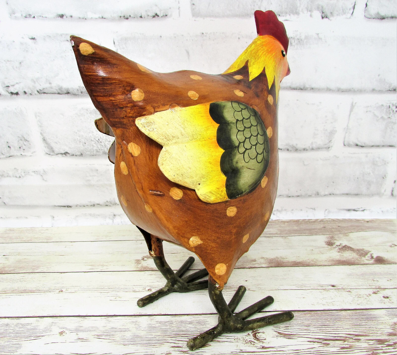 Rustic Small Folk Art Style Painted Metal Chicken Hen Rooster Statue Farm Cabin