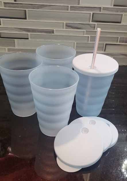 New Tupperware Impressions Tumblers GLASSES Set BLUE Straw Seals 16oz ALL BLUE!!