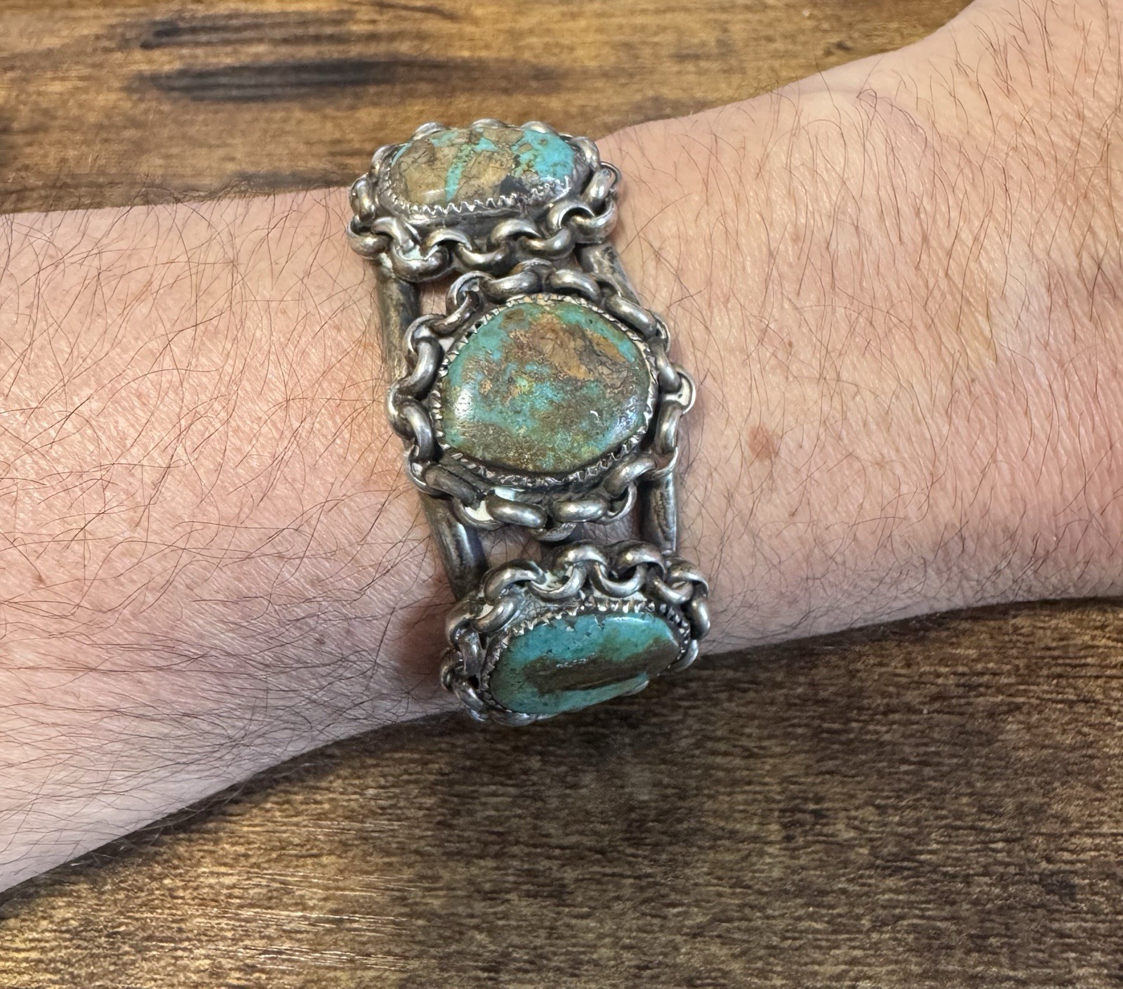 Coin Silver and Turquoise Cuff Bracelet – Early Vintage Southwestern – 1920s-40s
