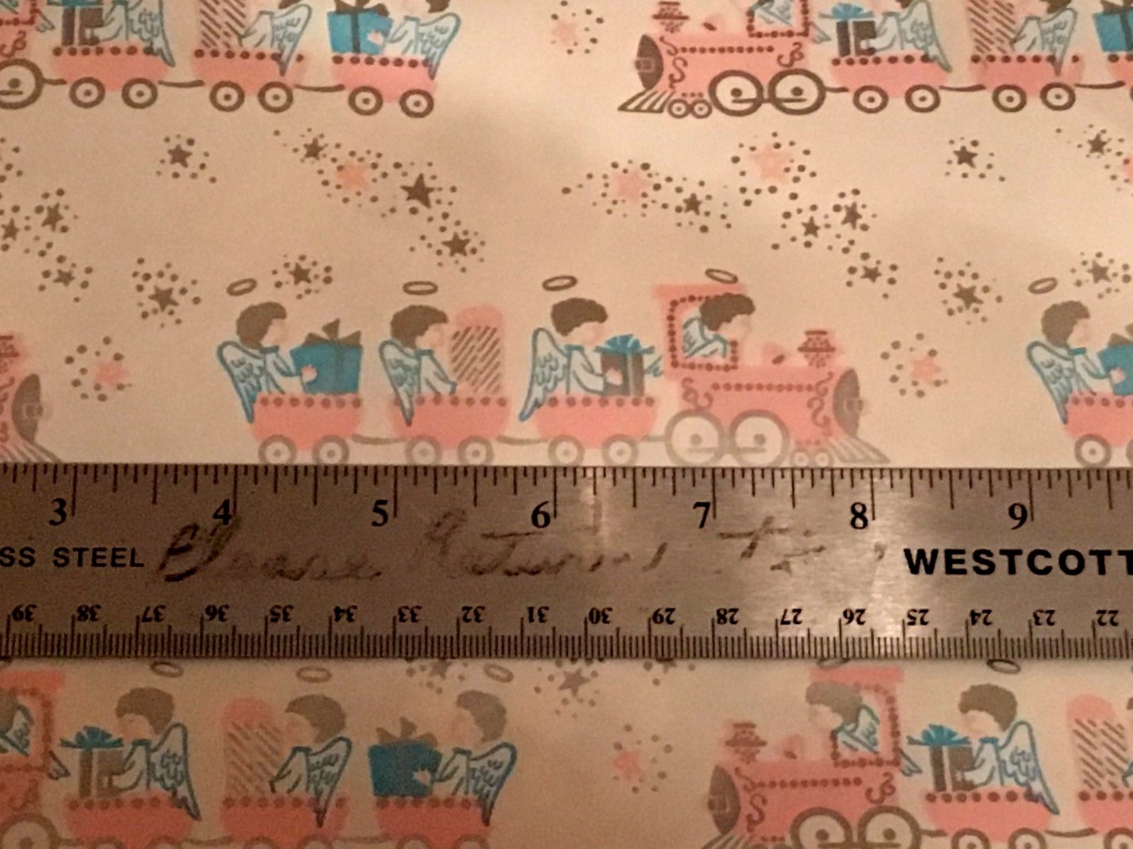 VTG CHRISTMAS STORE WRAPPING PAPER GIFT WRAP 2 YARDS 1940 ANGEL TRAIN STARS CUTE