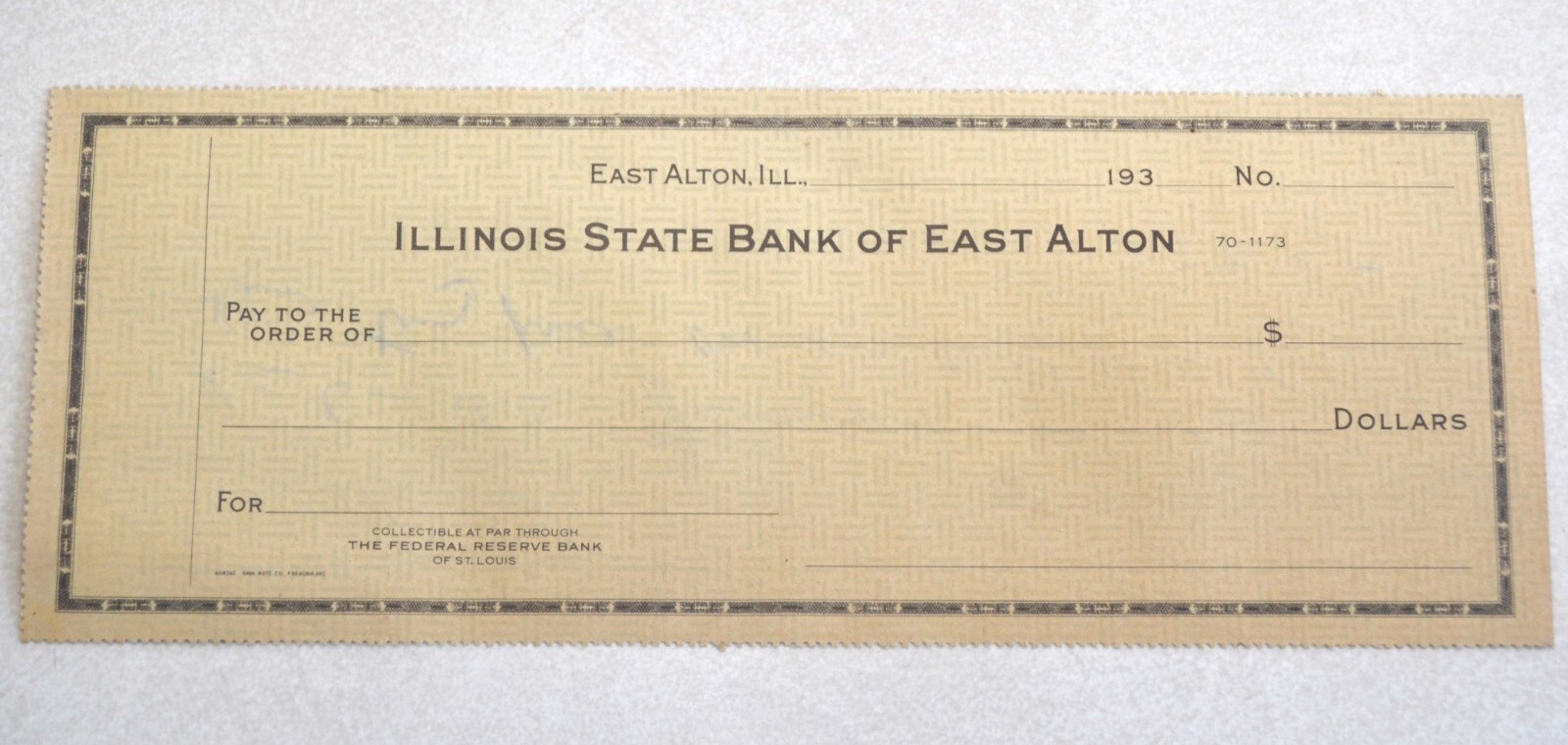 1930s Illinois State Bank of East Alton Blank Check, 1931 1932 1933 1934 1935 36