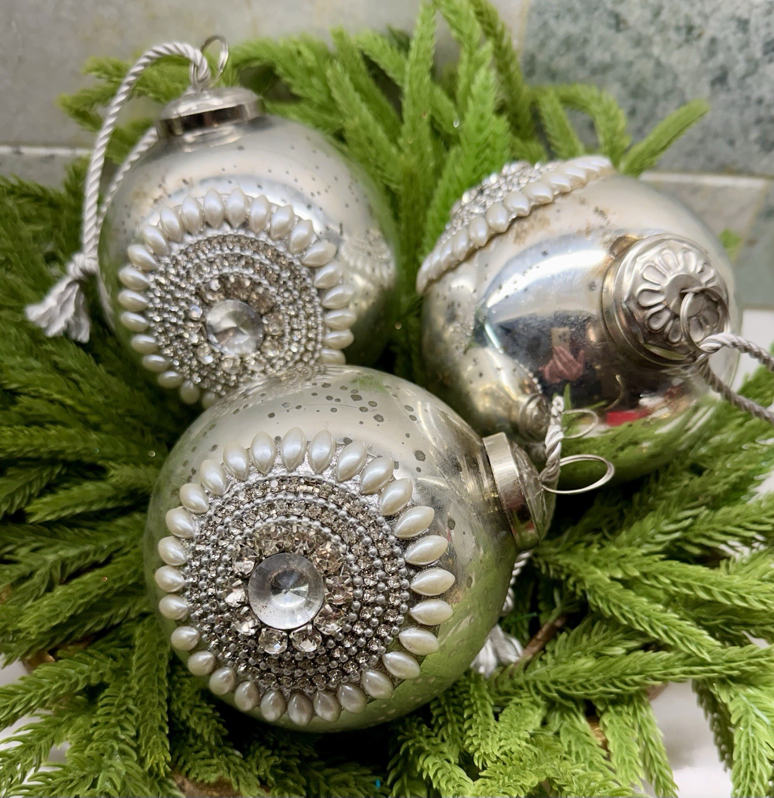 Antiqued Silver Mercury Glass Jeweled Pearl Kugel Ball Christmas Ornament 4”