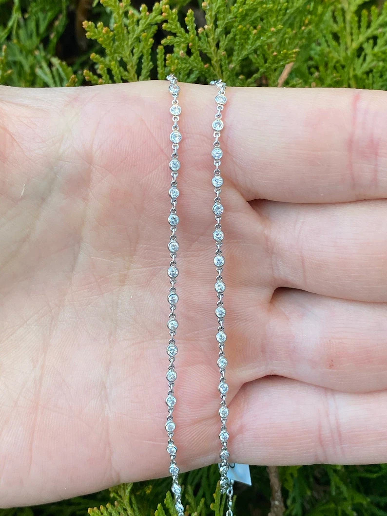 14K White Gold Over Diamond By The Yard Necklace 87 Diamonds 7.20 ct. 20 Inches