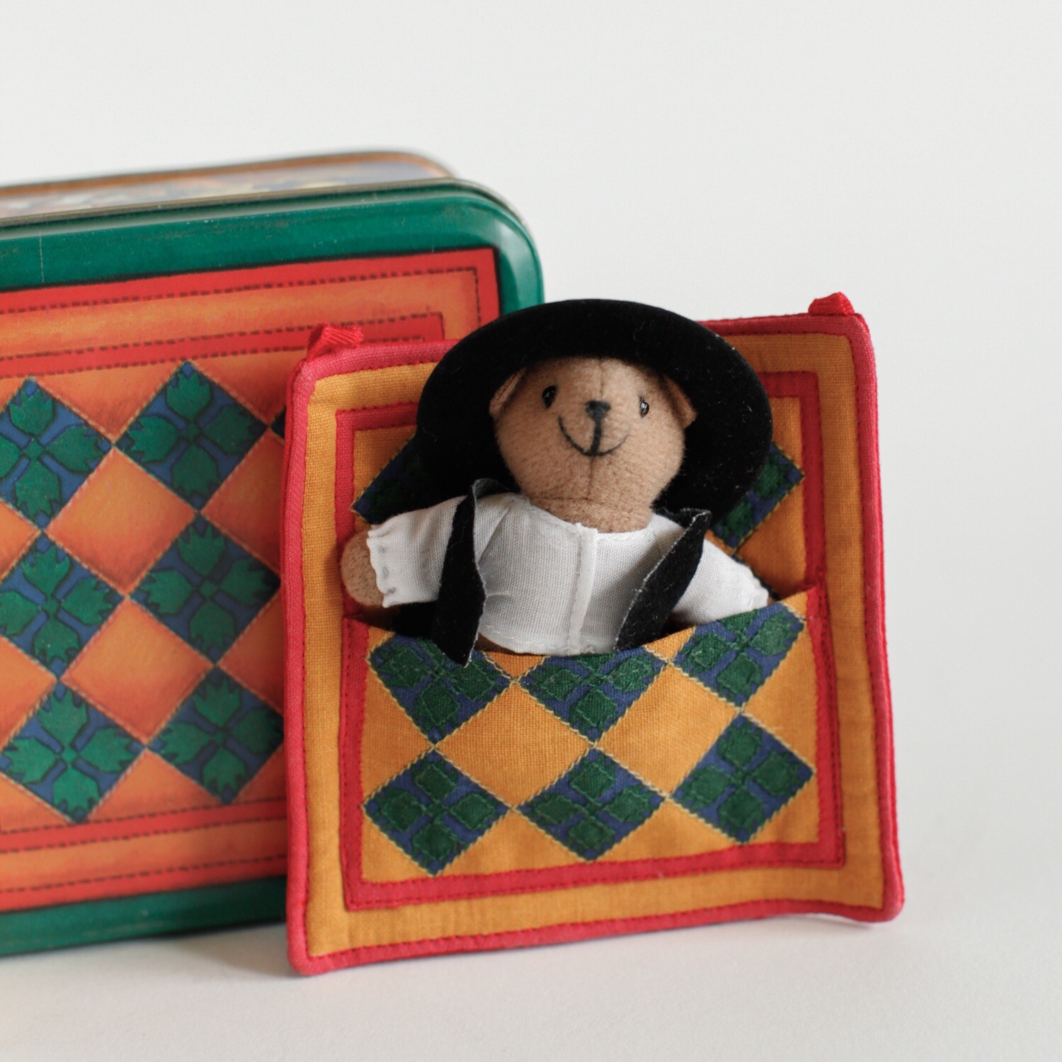 Amish Heritage Bear Paw Quilt With Teddy Bear and Decorative Tin 1995