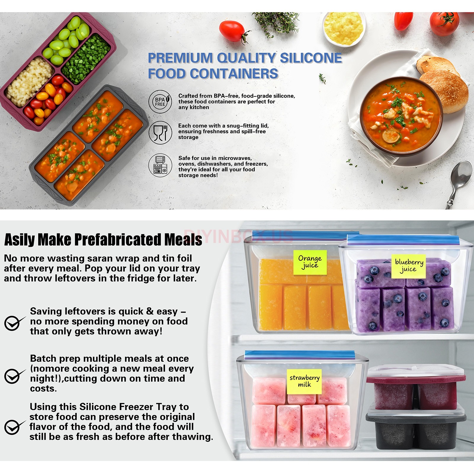 CulinaryCubed Silicone Freezer 4 Compartments Meal Prep Food Storage Containers