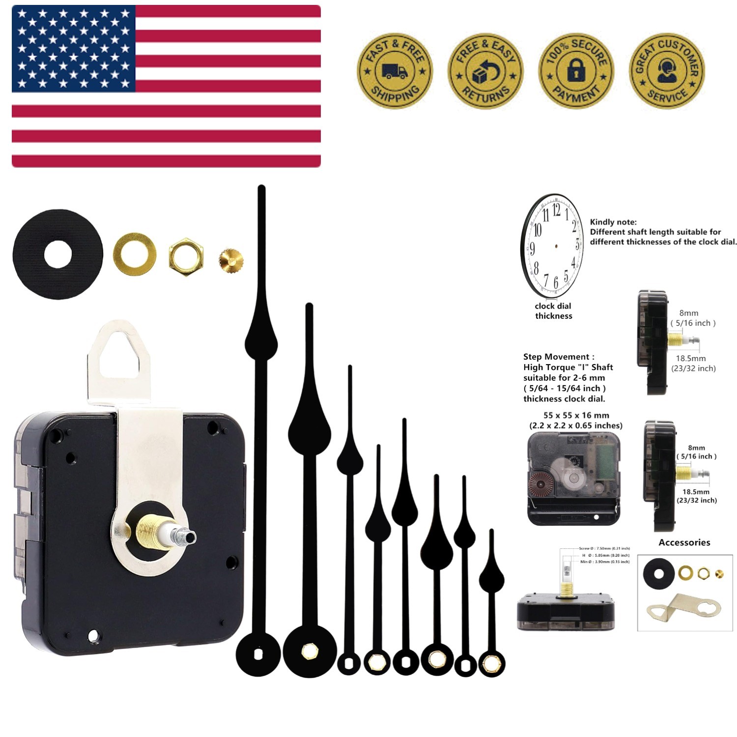 Modern Quartz Clock Movement Kit – Includes 4 Sets of Hands, Battery Powered