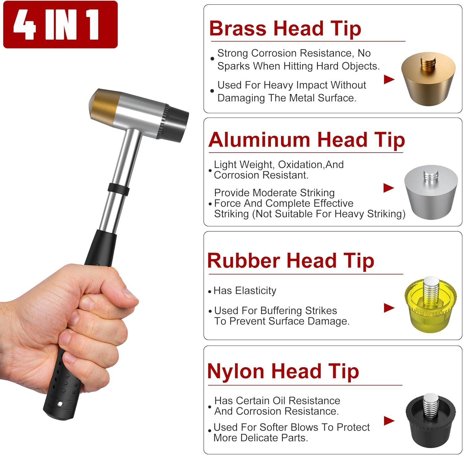 Small Brass Hammer with 4 Interchangeable 1-Inch Heads: Brass, Nylon, Aluminum,