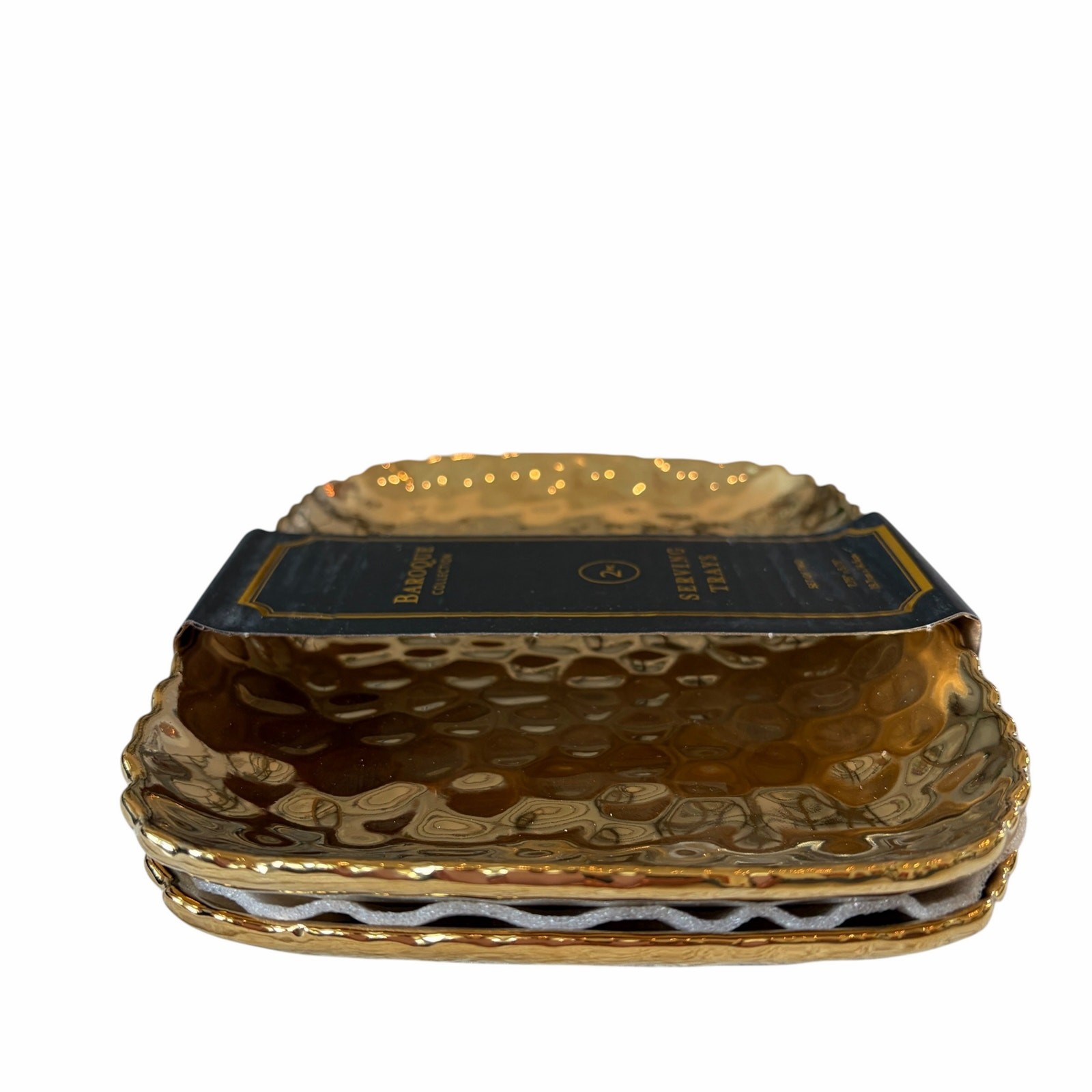 Baroque Collection Serving Trays 7.75″ Hammered Gold Set of 2 Holiday Glam New