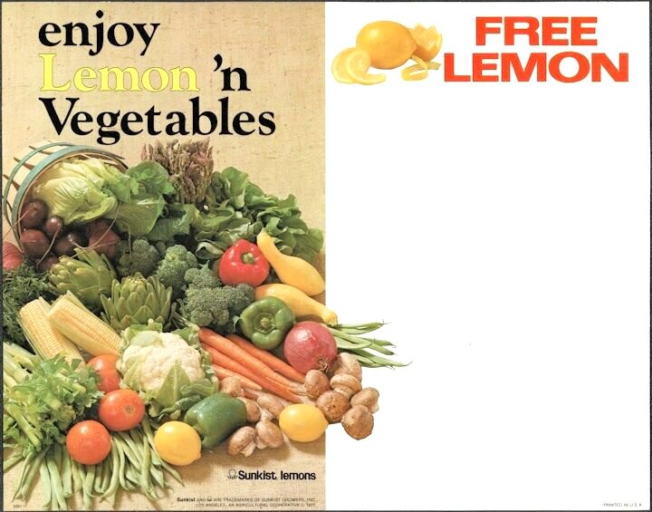 Large Sunkist Lemon ‘n Vegetables Cardboard Sign – c-1977 New Old Stock