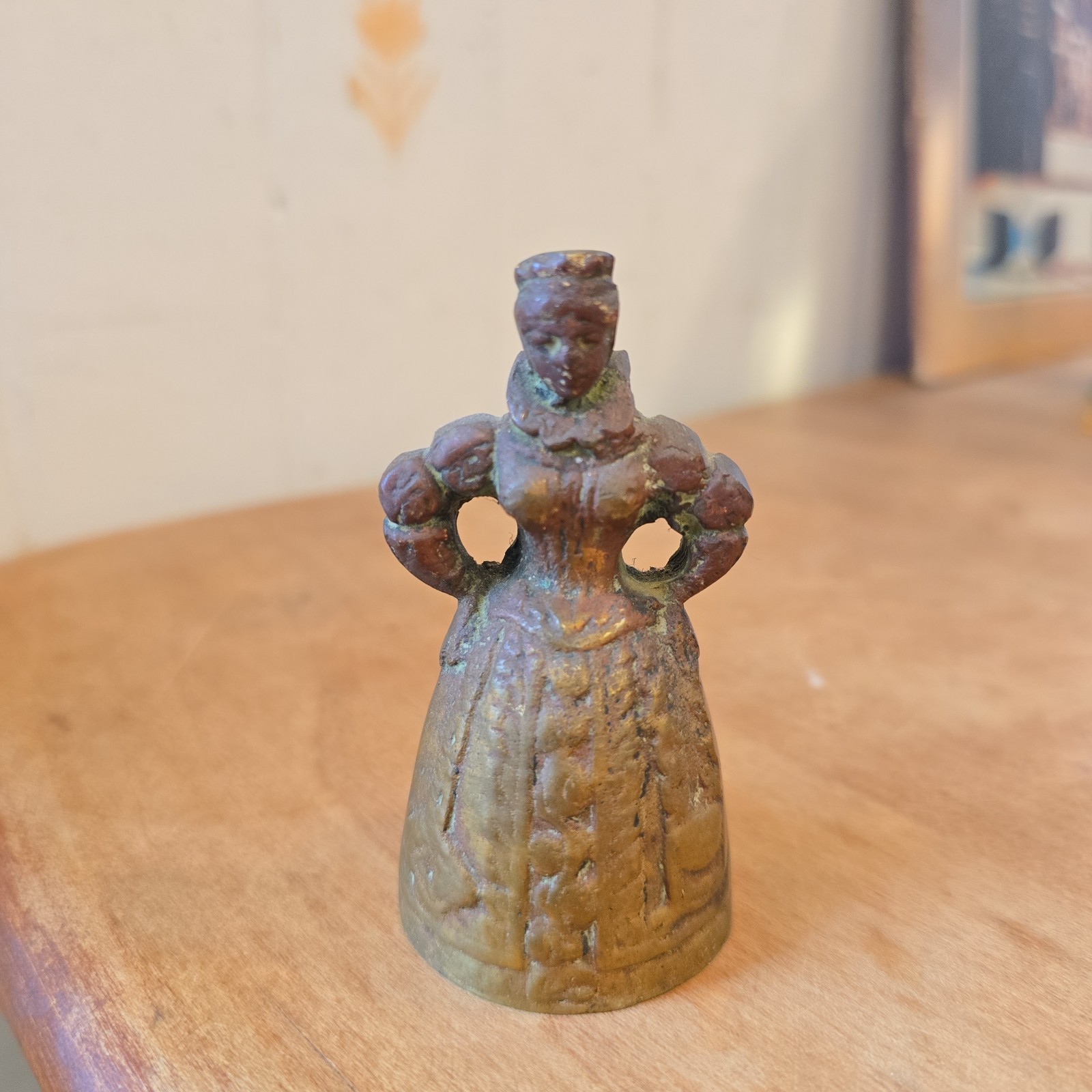 19th Century Solid Brass Elizabethan Lady Bell Figurine Legs Feet Clappers