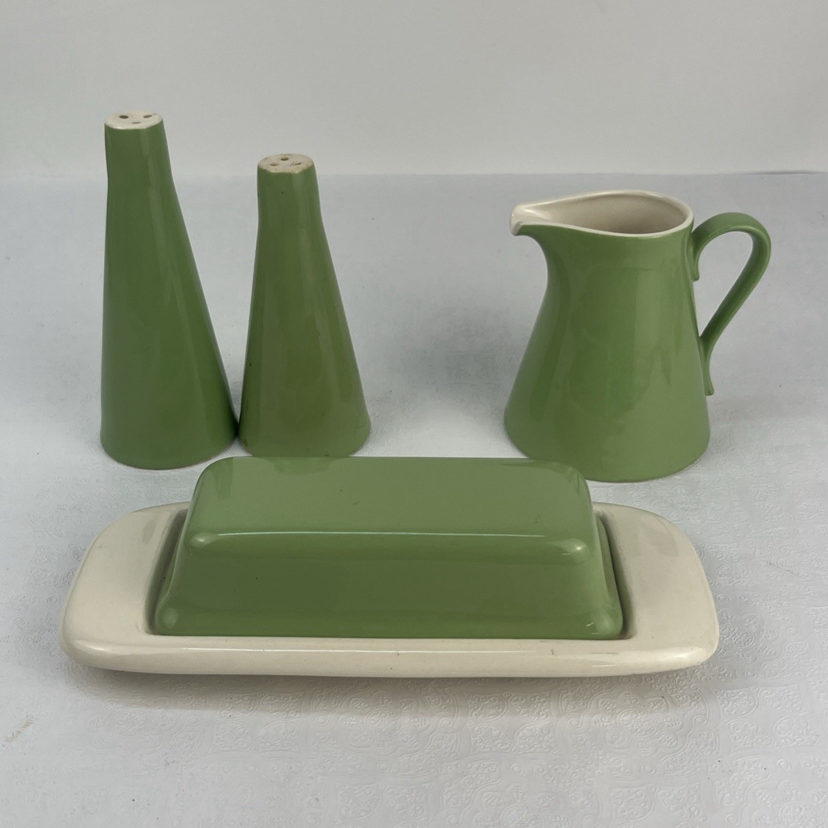 Vintage Avocado Green 5pc S & P Shkrs Creamer Butter&Lid MCM Rare