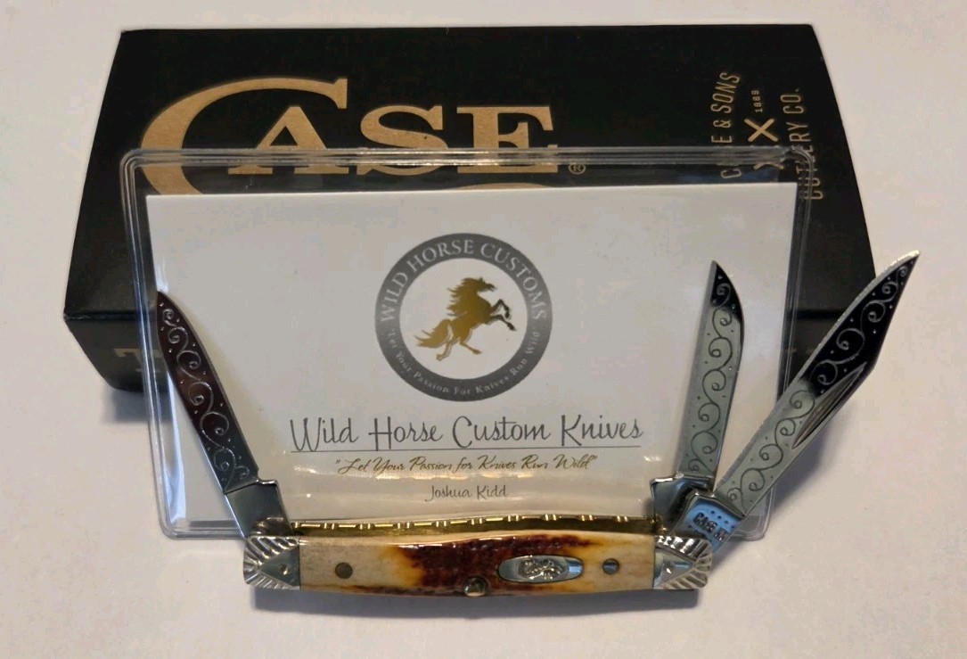 WILD HORSE CUSTOM Case XX Genuine RED STAG Engraved Small Stockman Knife #07