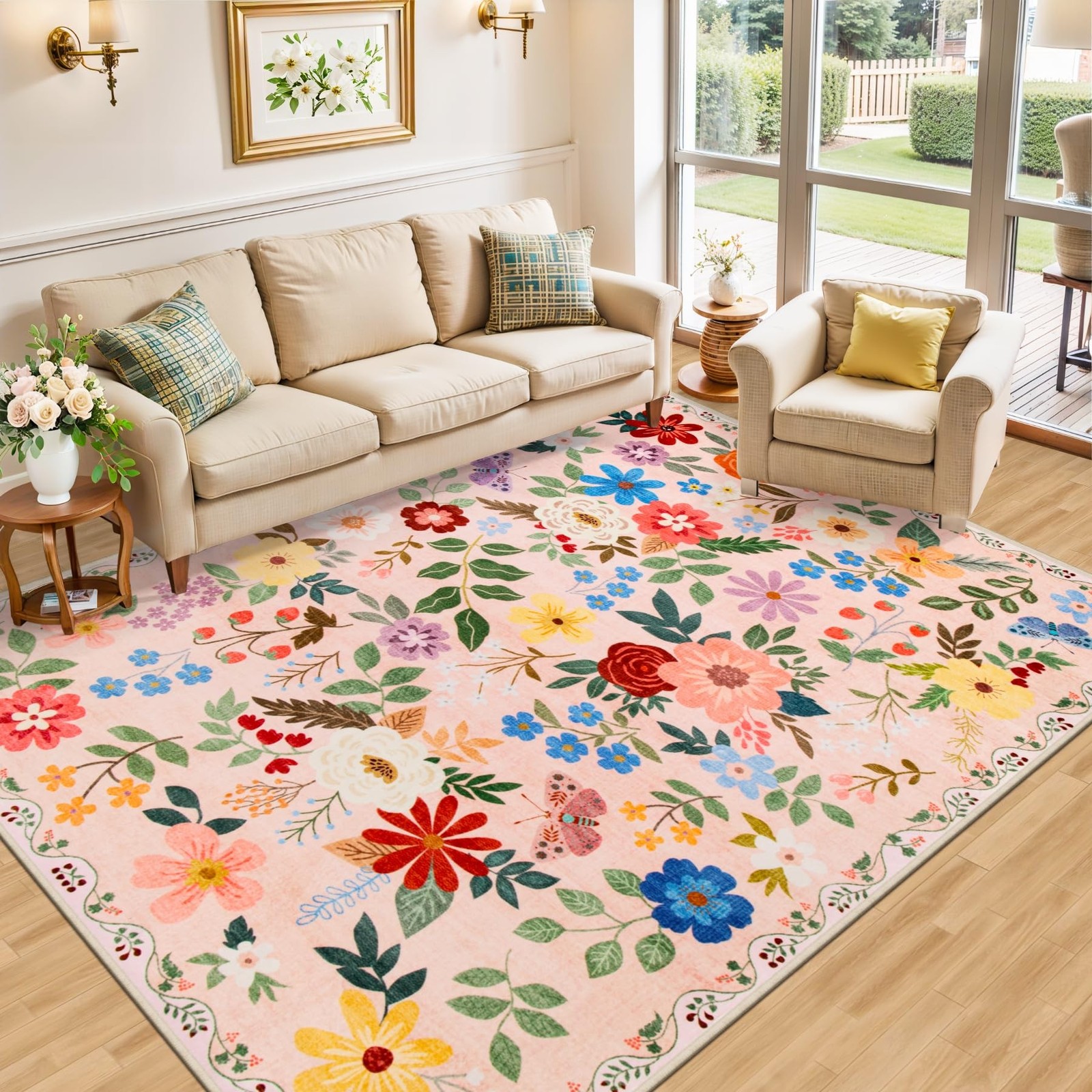 8×10 Area Rugs for Living Room: Floral Washable Rug Vintage Large Soft Boho N…