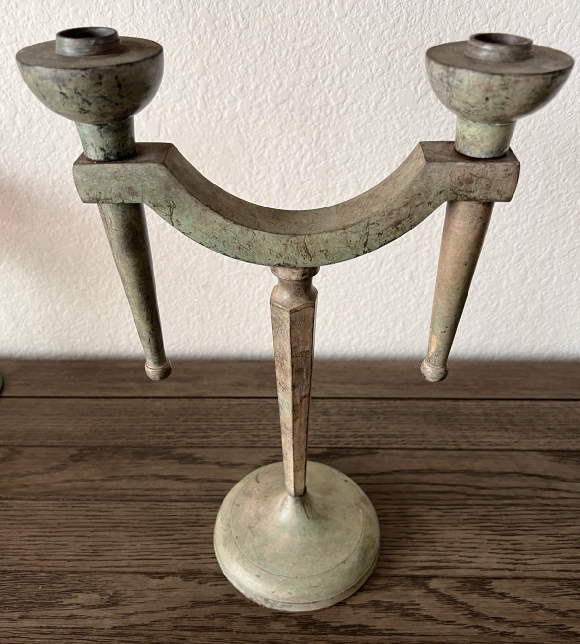 Vintage Brutalist Verdigris Metal Double Taper Candle Holder Candelabra 14″