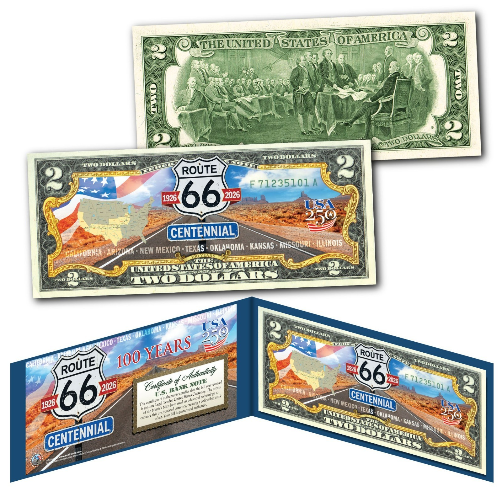 ROUTE 66 CENTENNIAL 100th Anniversary 1926-2026 Genuine U.S. $2 Bill AMERICA 250