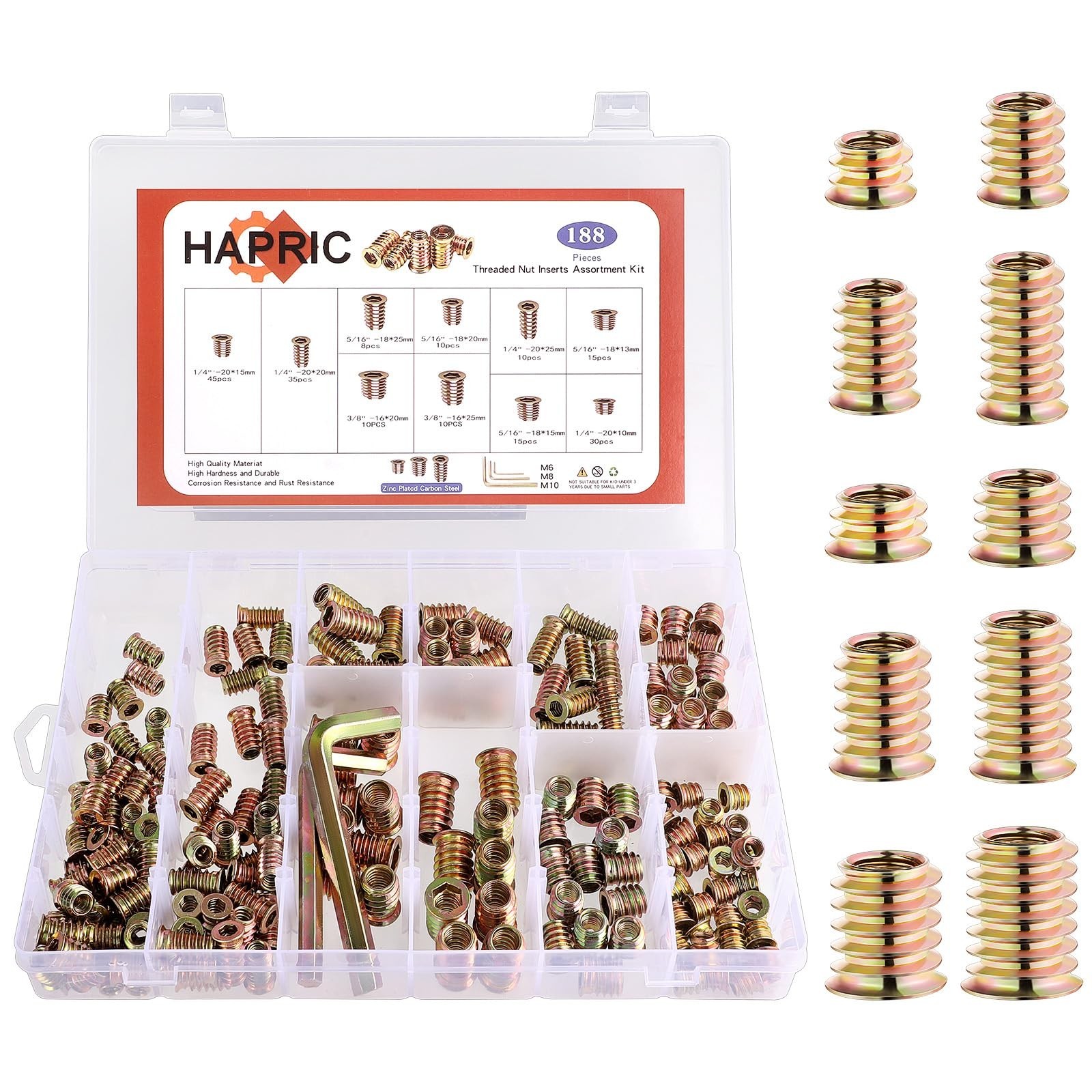 191 PCS Threaded Inserts for Wood, 1/4″-20, 5/16″-18, 3/8″-16 Threaded Wood Inse