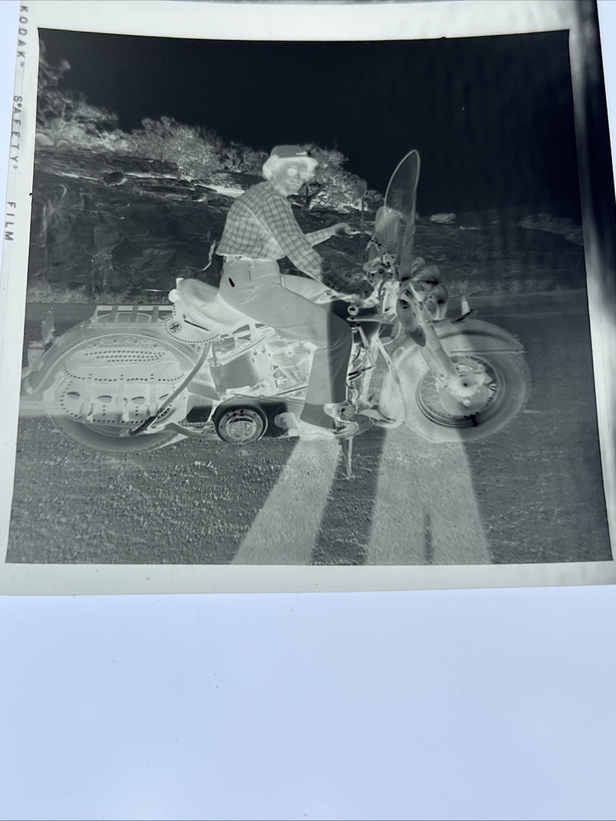 Vintage Motorcycle Negative Photo Original B&W Woman Flannel Shirt Street Scene