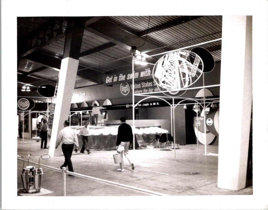 U.S. Steel exhibit booth 1960s trade show photograph industrial pipe banner